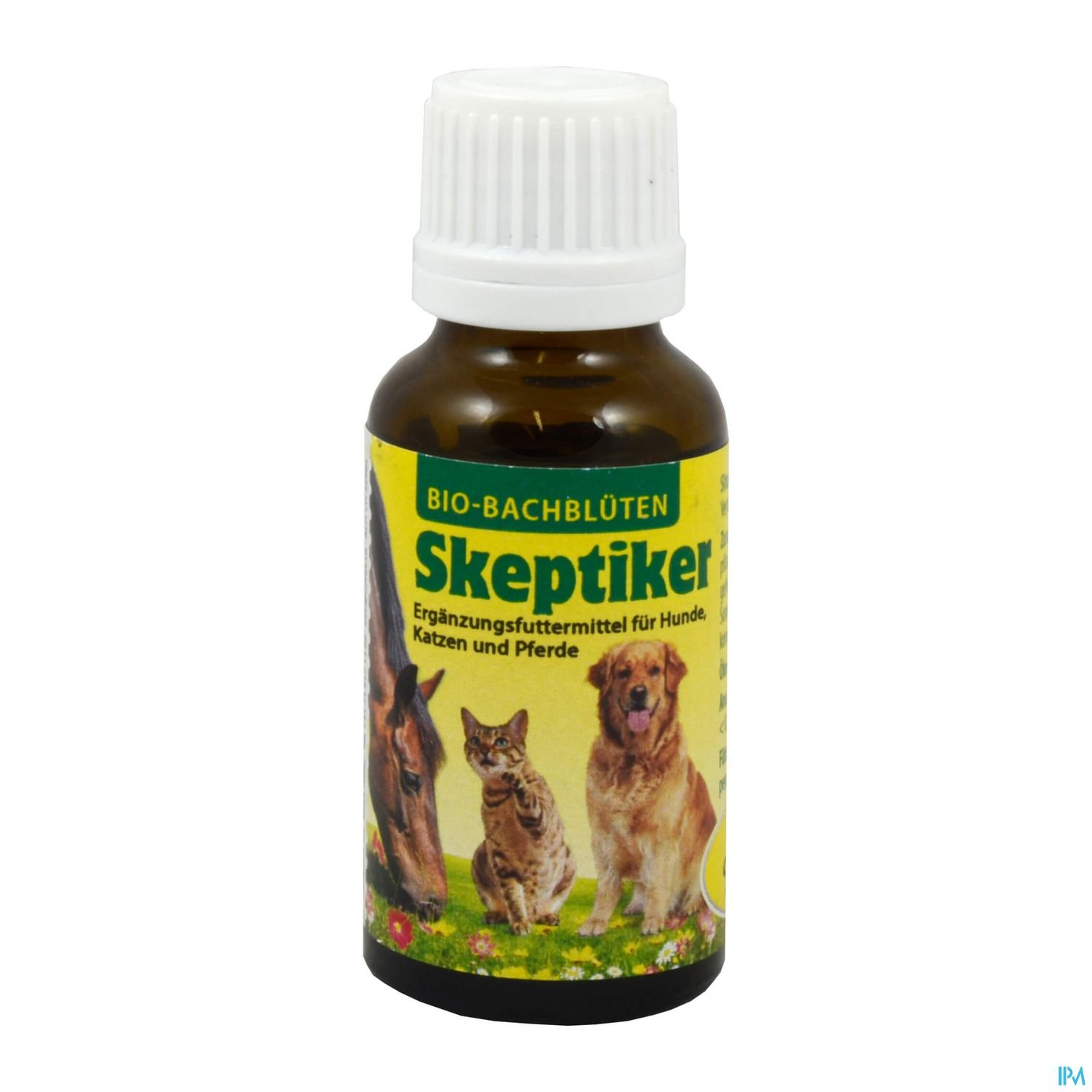 Flasche mit Bachblüten-Produkt "Skeptiker" für Hunde, Katzen und Pferde, mit Abbildung eines Hundes, einer Katze und eines Pferdes auf dem Etikett.