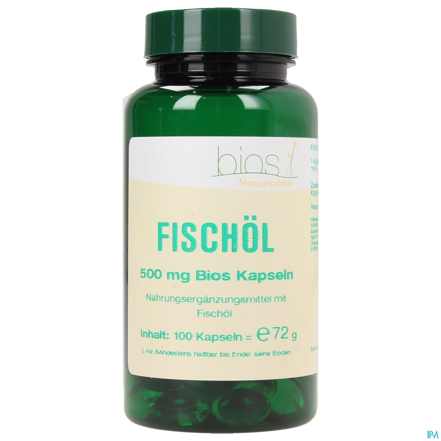 Grüne Flasche mit Nahrungsergänzungsmittel in Kapseln, bezeichnet als "Fischöl", 500 mg, 100 Kapseln.