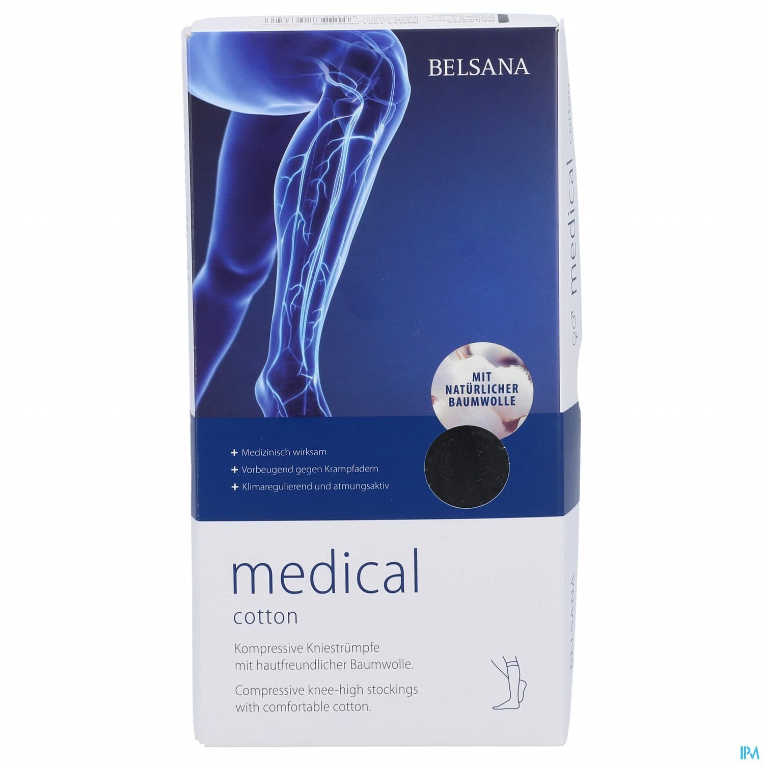 Verpackung von Belsana medical cotton, zeigt knöcherne Anatomie eines Beins und beschreibt kompressive Kniestrümpfe aus Baumwolle.