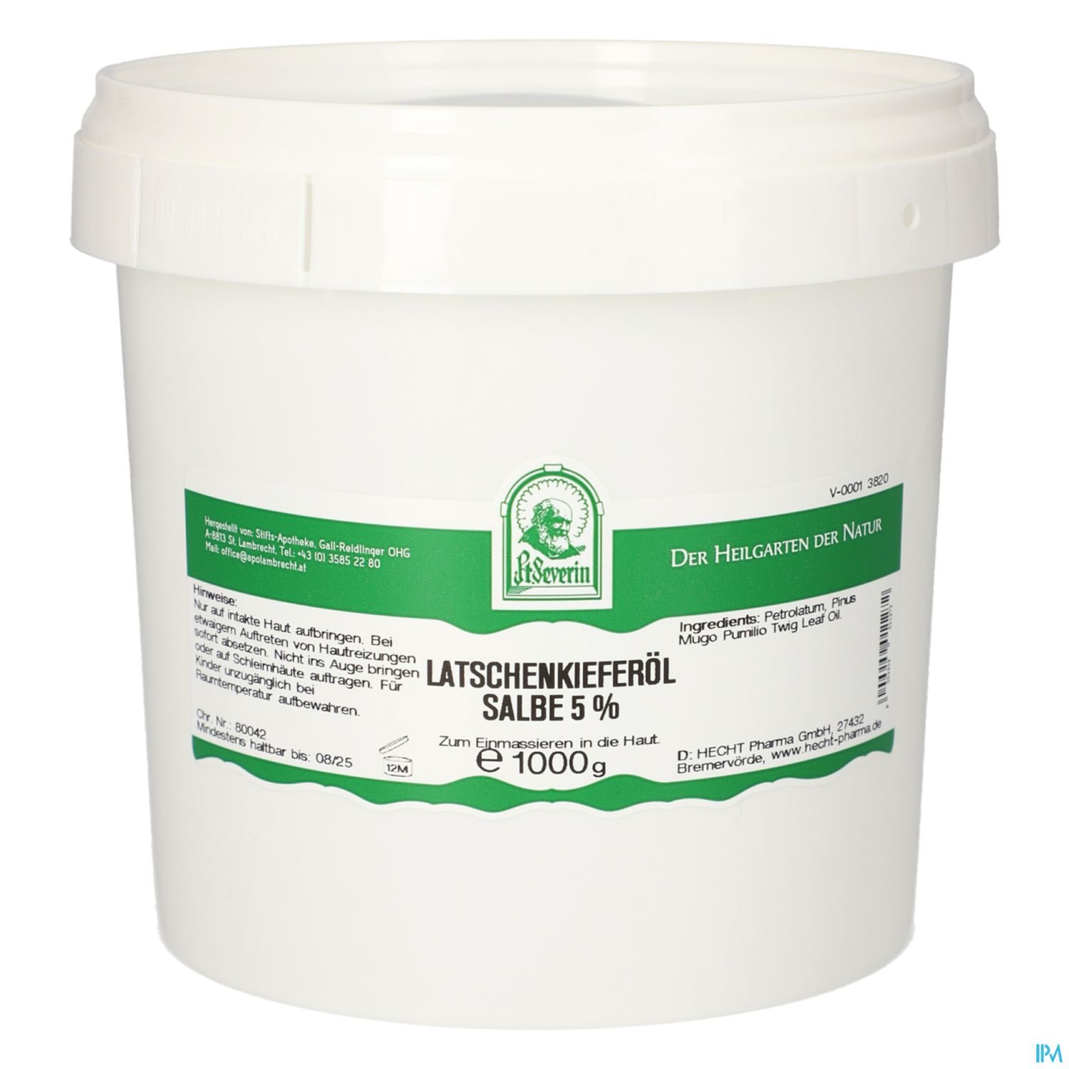 Weißer Eimer mit grüner Beschriftung, der Latschenkieferöl-Salbe 5 % enthält. Inhalt: 1000 g.