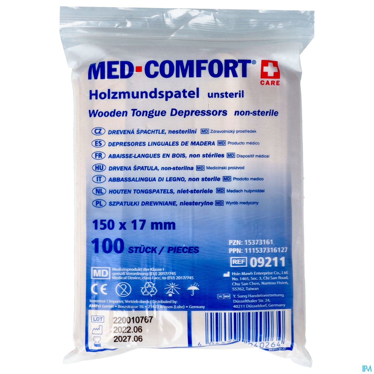 Verpackung mit 100 unsterilen Holzmundspateln, 150 x 17 mm, der Marke MED-COMFORT.