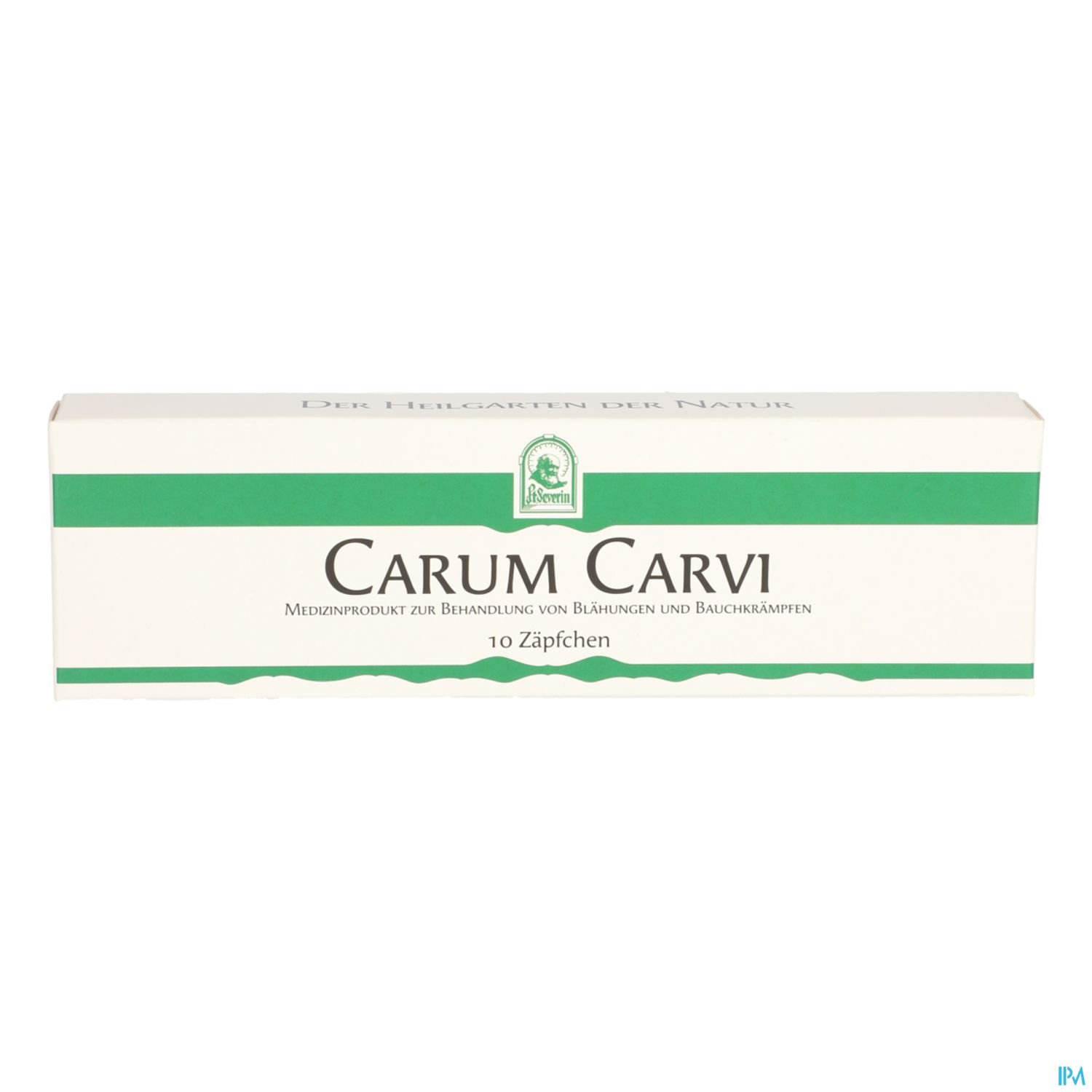 Verpackung des Medikaments "Carum Carvi" mit der Aufschrift zur Behandlung von Bauchschmerzen und -krämpfen, enthält 10 Zäpfchen.