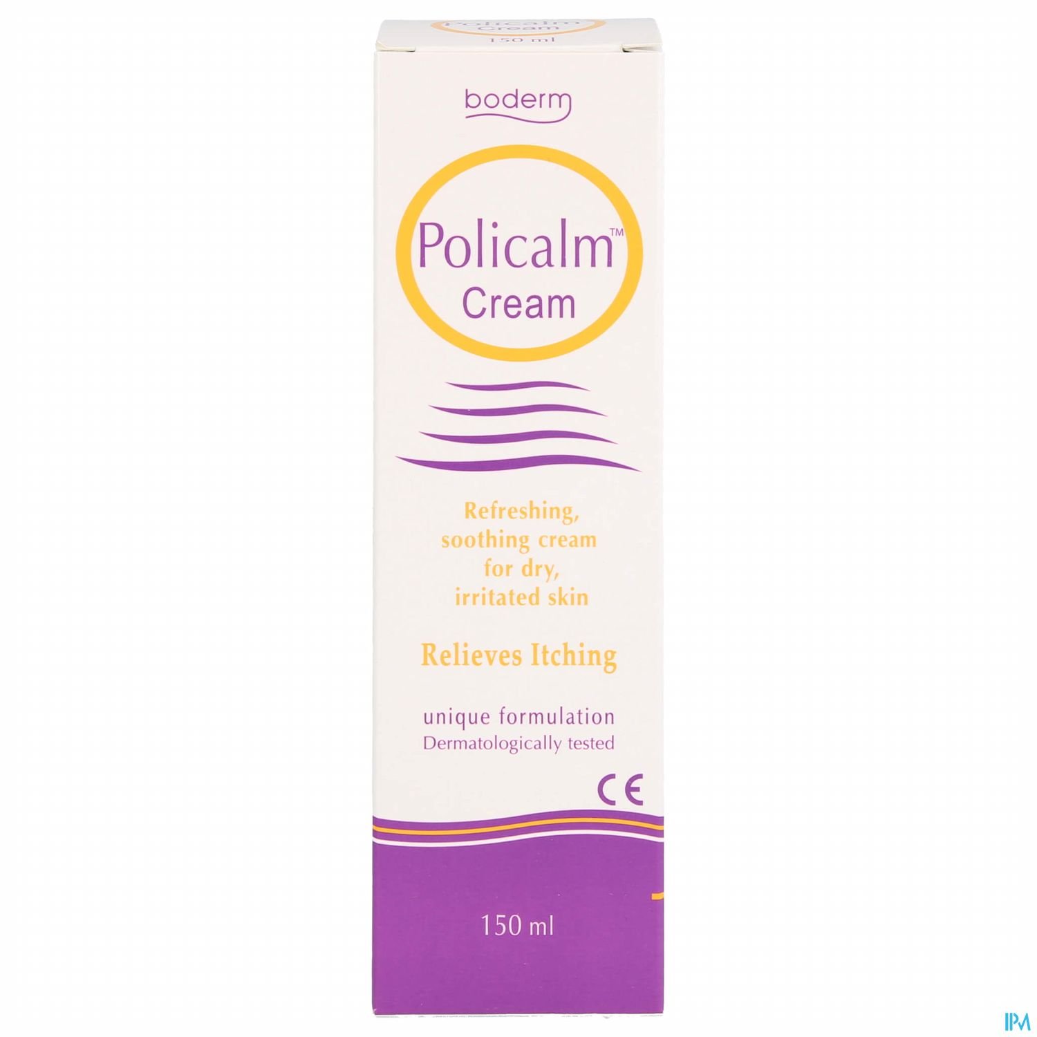 Produktverpackung von Boderm Policalm Cream, die als erfrischende und beruhigende Creme für trockene, gereizte Haut beworben wird.