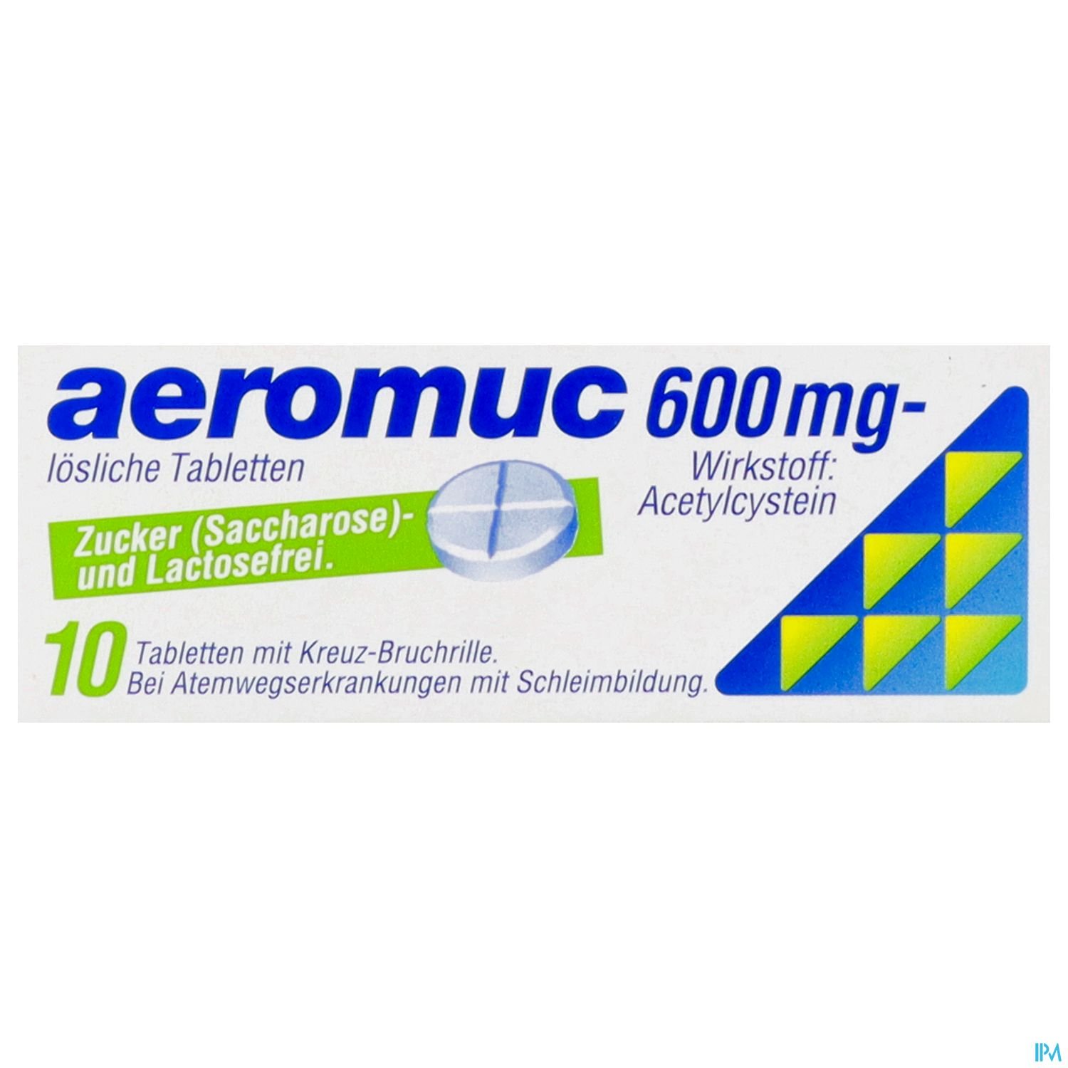 Packung mit aeromuc 600 mg, lösliche Tabletten, Wirkstoff: Acetylcystein, Zucker- und Laktosefrei, 10 Tabletten mit Kreuz-Bruchrille, Hinweis zu Atemwegserkrankungen.