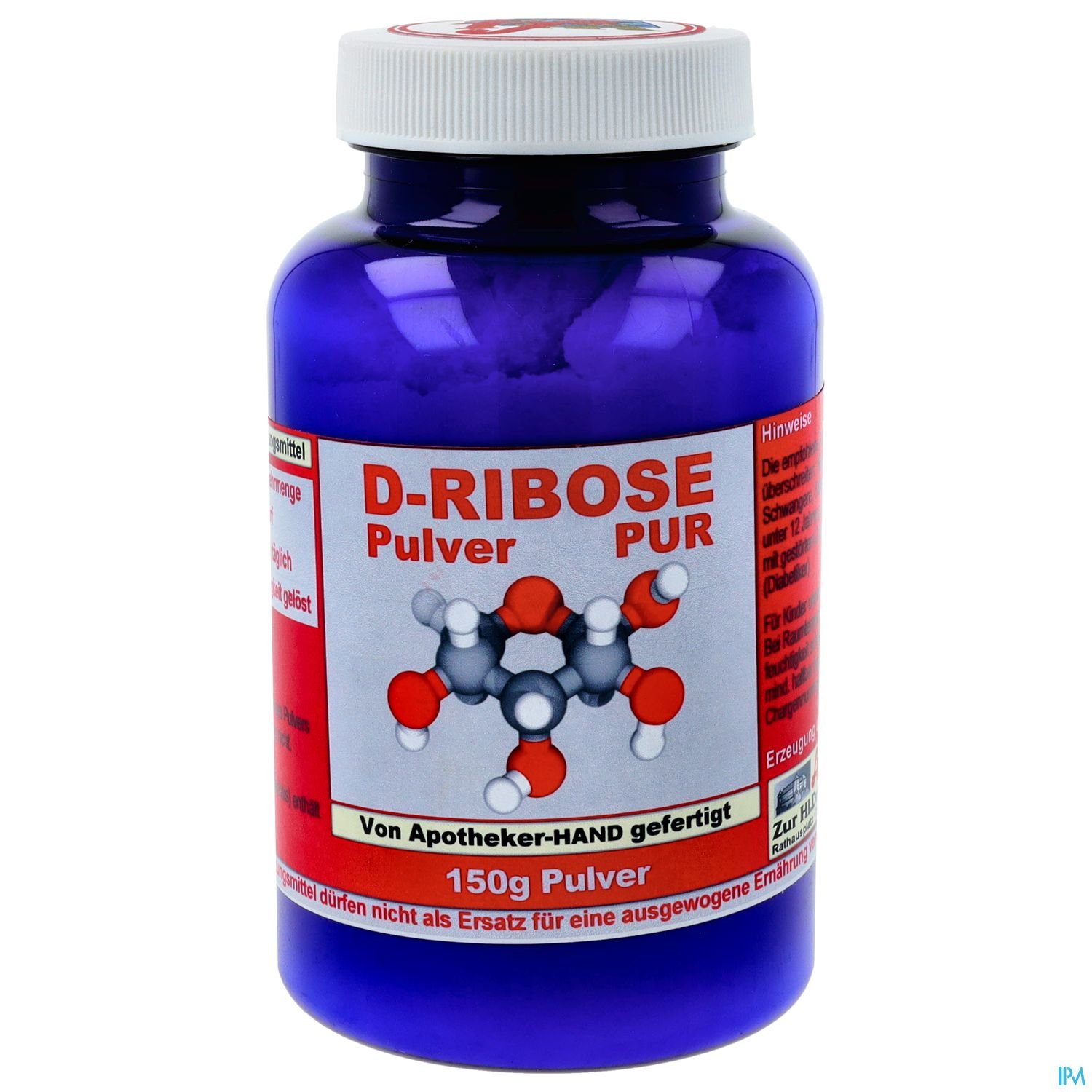 Blauer Behälter mit D-Ribose-Pulver, 150 g, mit Etikett und Hinweisen zur Verwendung.