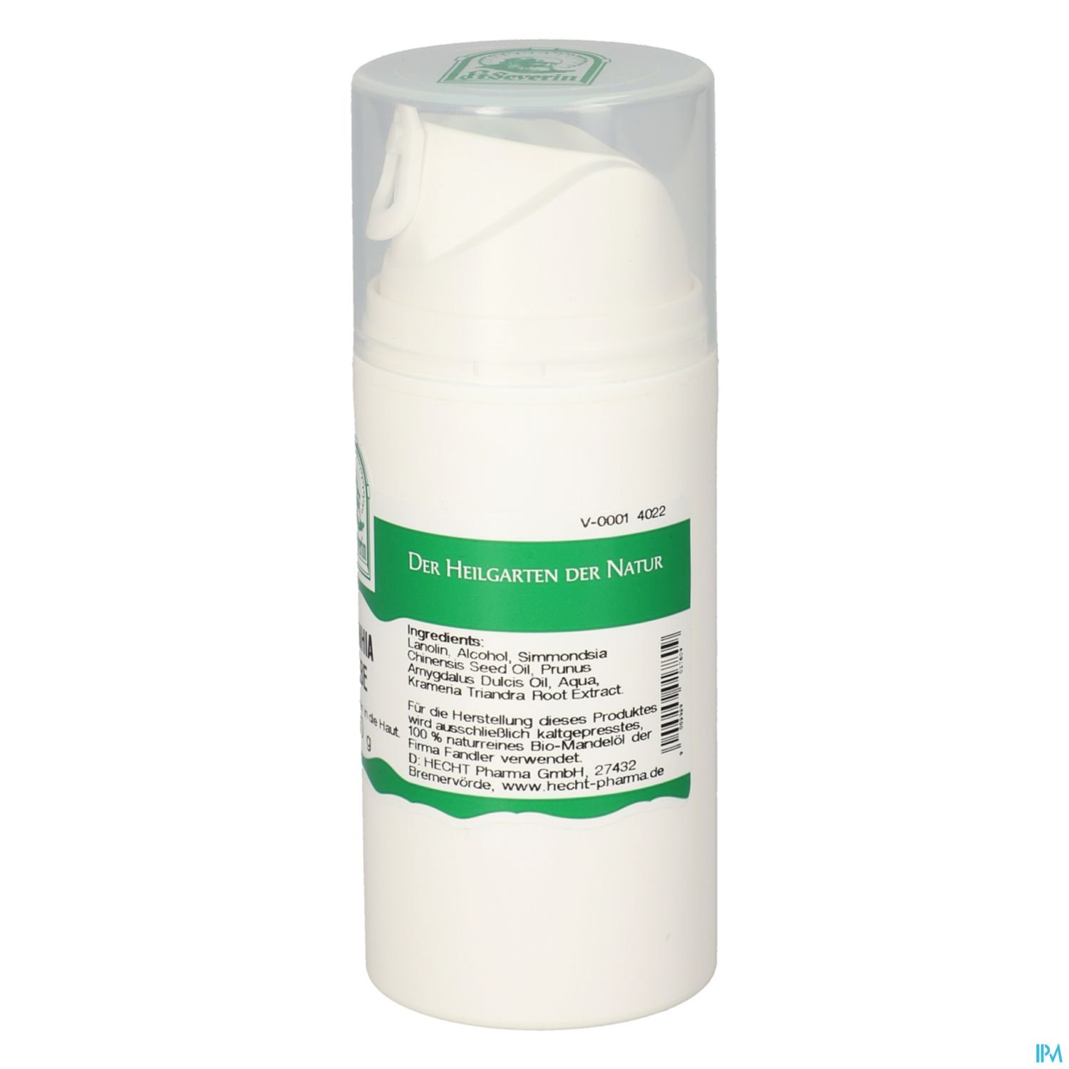 Flasche mit Pumpverschluß und Etikett, darauf stehen der Produktname „Der Heilgarten der Natur“ und die Zutatenliste.