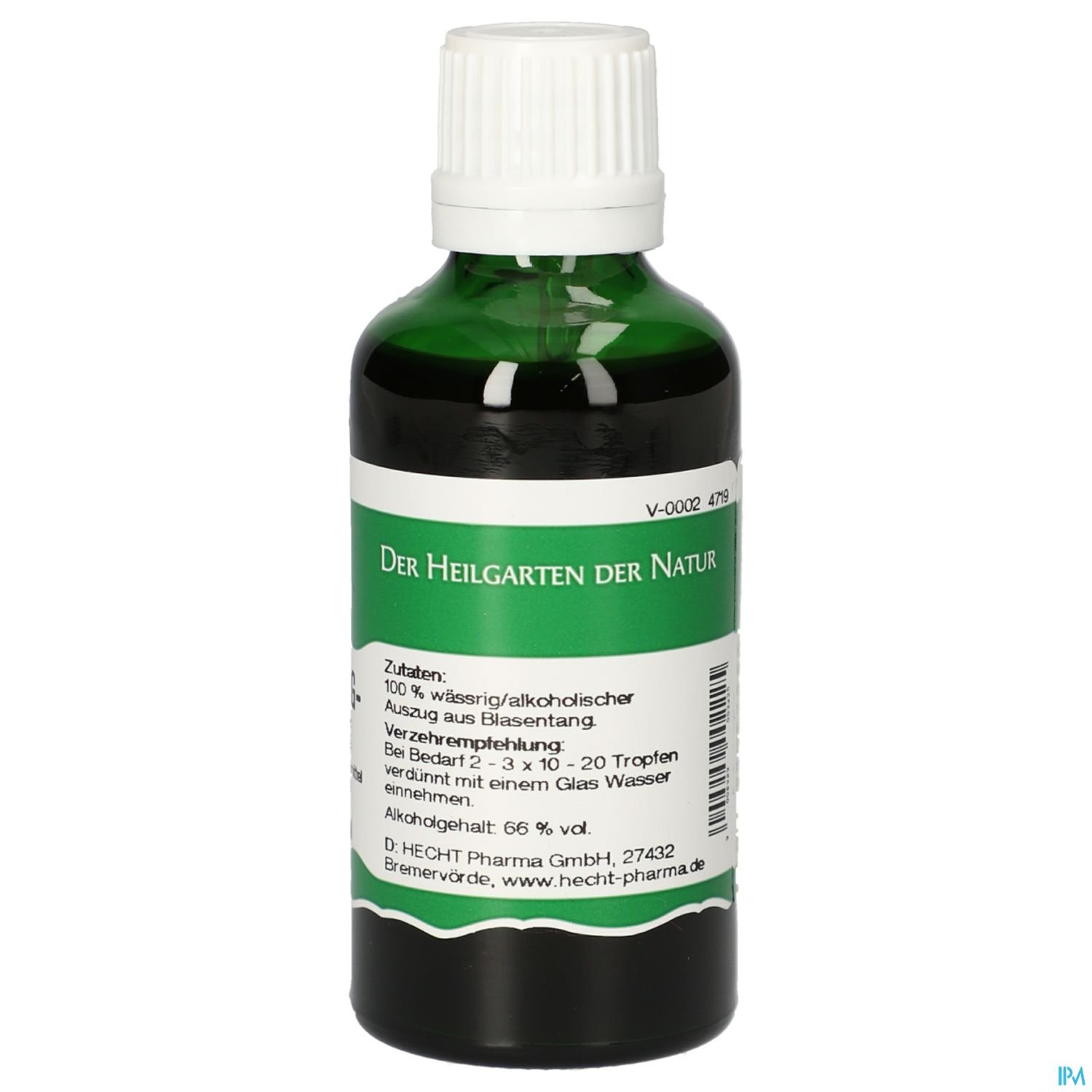 Grüne Flasche mit schwarzem Deckel, beschriftet mit „Der Heilgarten der Natur“ und Inhaltsstoffen sowie Anwendungshinweisen.