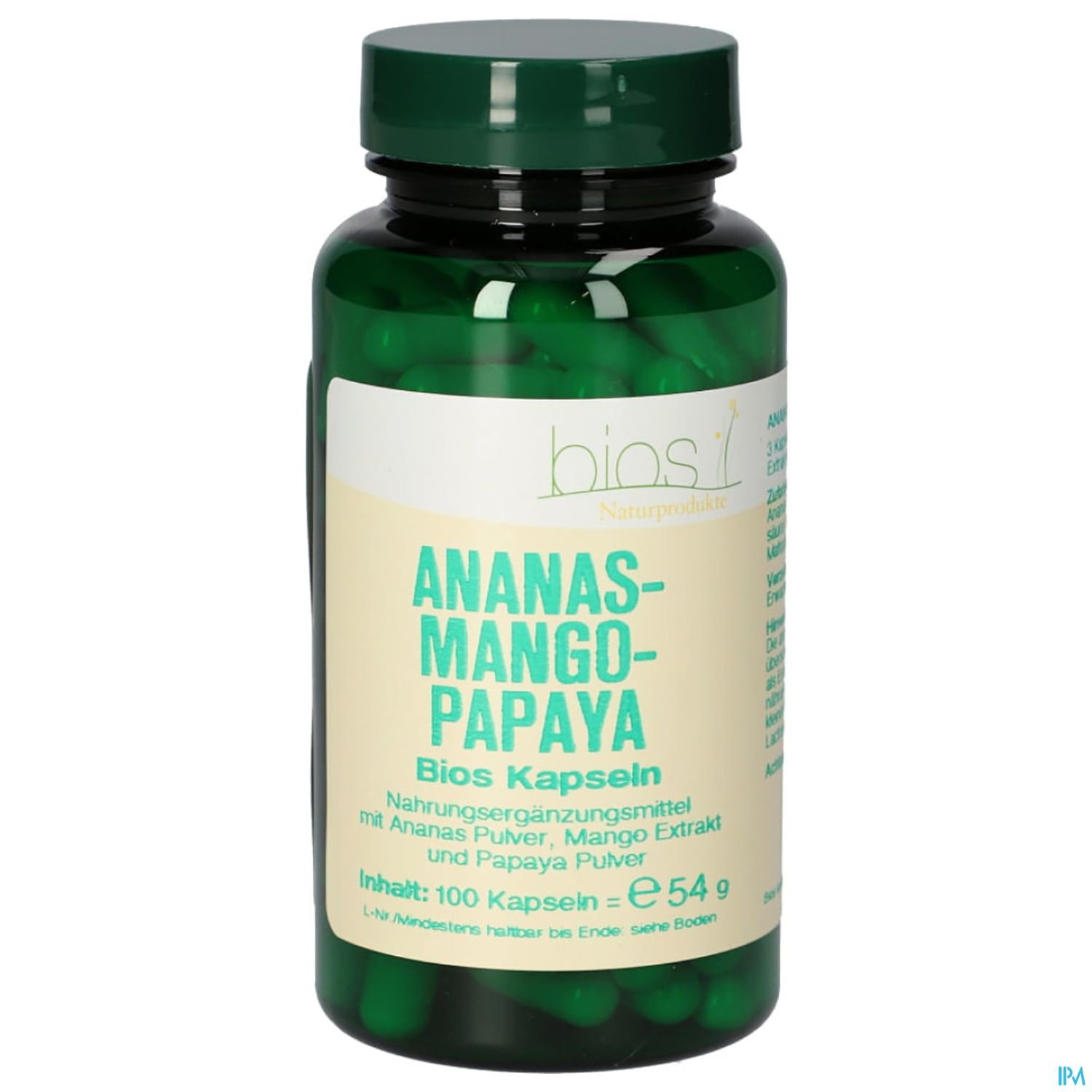 Grüne Kapseln in einer transparenten Flasche mit der Aufschrift "Ananas-Mango-Papaya Bios Kapseln", Inhalt: 100 Kapseln, 54 g.