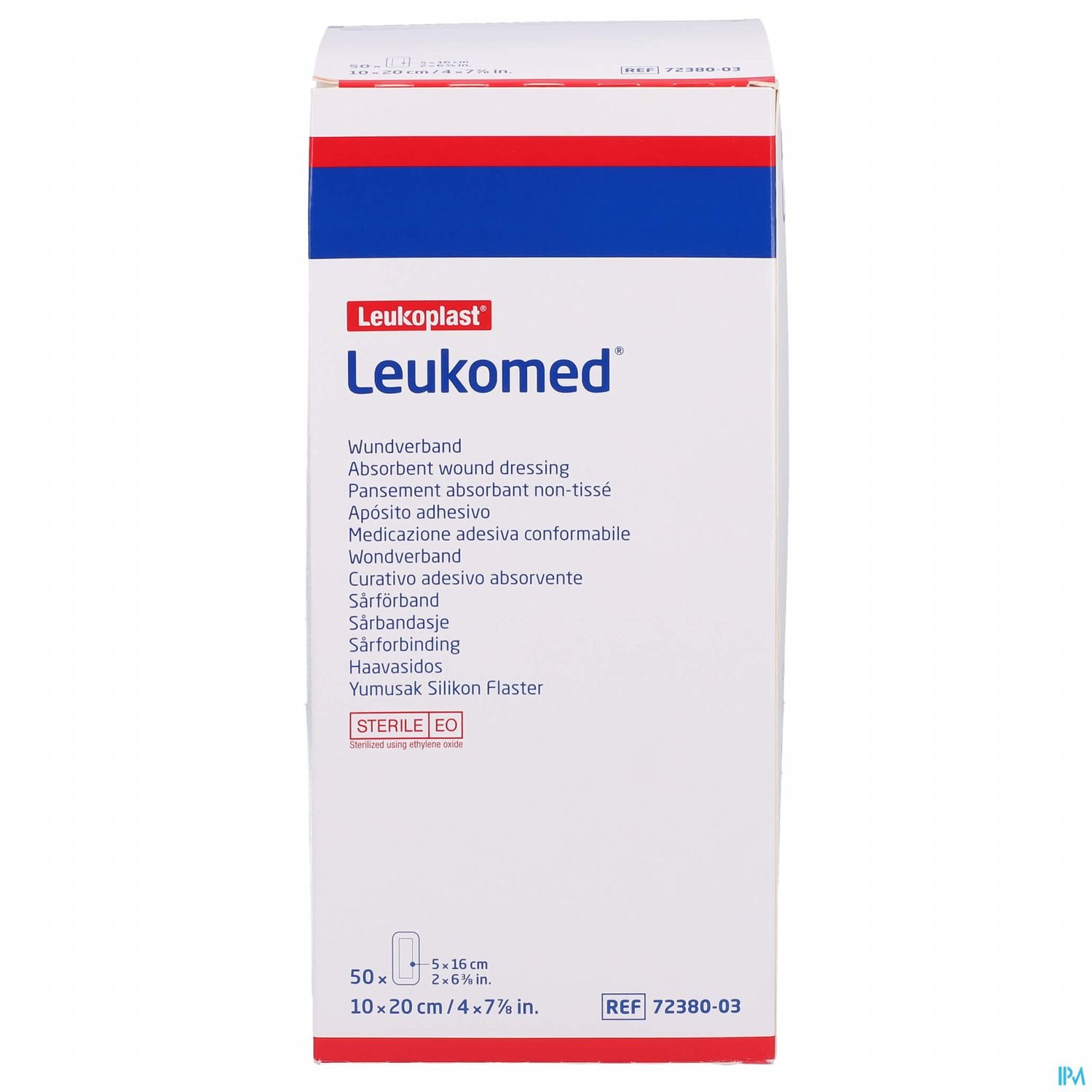 Verpackung von Leukoplast Leukomed, einem sterilen Wundverband, mit Informationen zu Größe und Inhalt.