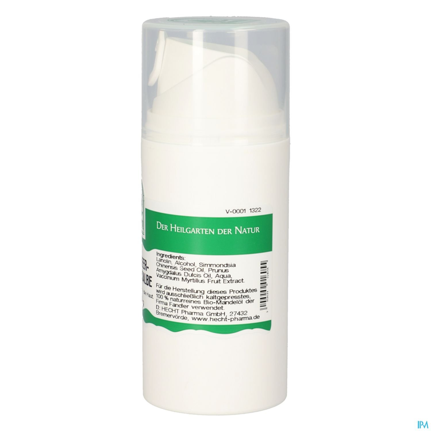 Weiße Flasche mit grünem Etikett und pumpbarer Dosierung, darauf steht „Der Heilgarten der Natur“ sowie Inhaltsstoffe in deutscher Sprache.