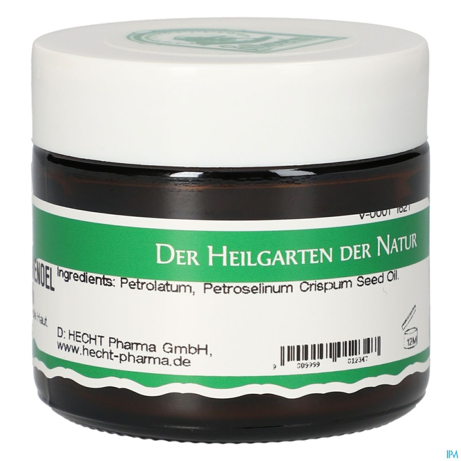 Brauner Glasbehälter mit weißem Deckel und Etikett, darauf steht "Der Heilgarten der Natur" und Informationen zu den Inhaltsstoffen.