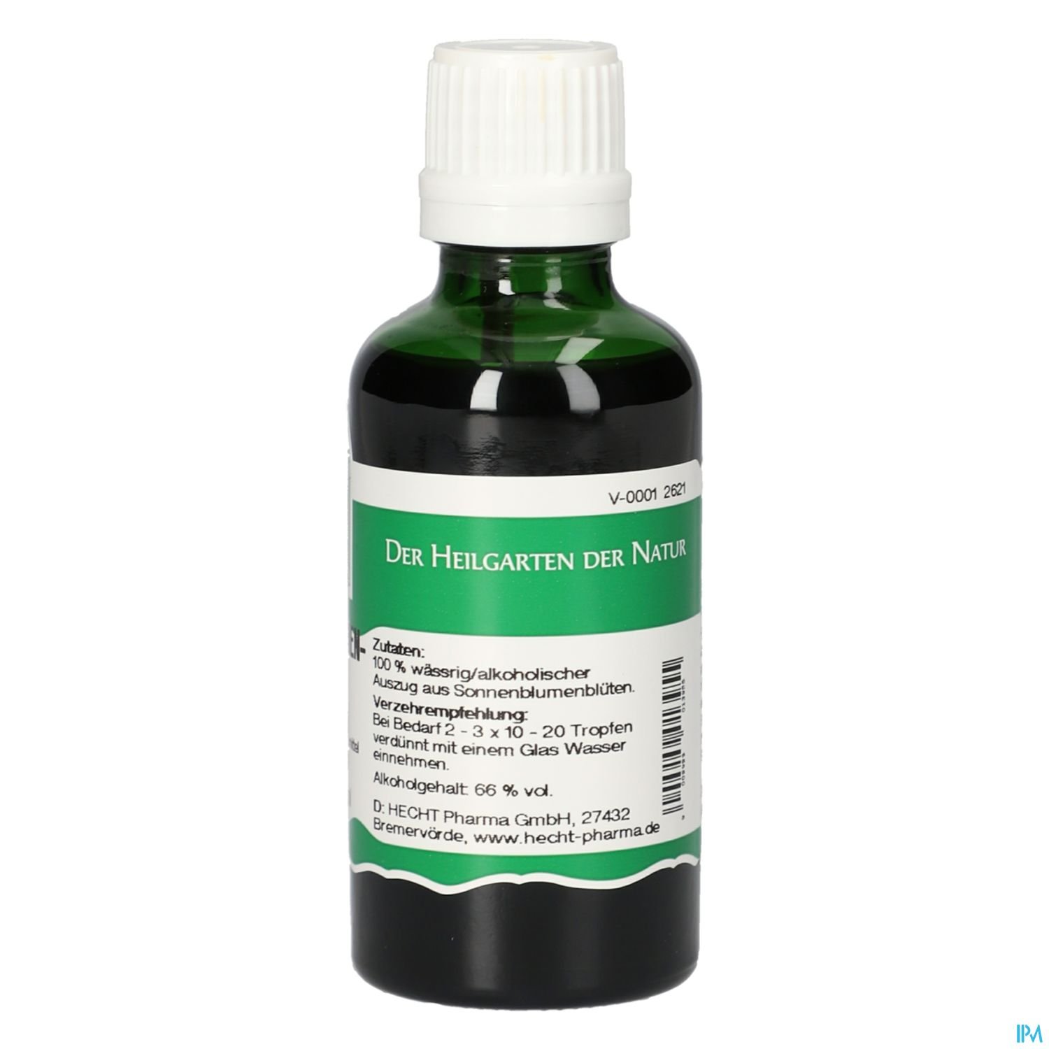 Flasche mit herbalem Extrakt "Der Heilgarten der Natur", 100% wässriger/alkoholischer Auszug aus Sonnenblumenblüten, Inhalt und Anwendungshinweise sind abgebildet.