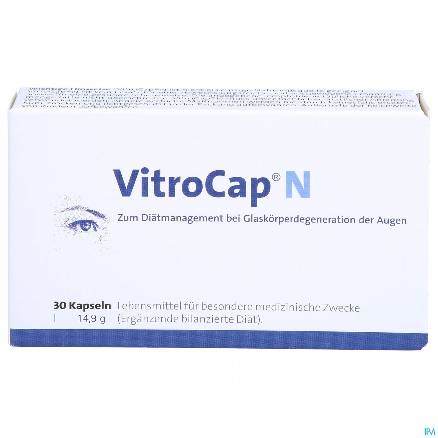Verpackung von VitroCap® N, einem Nahrungsergänzungsmittel zur Unterstützung bei Glaskörperdegeneration der Augen, mit 30 Kapseln.