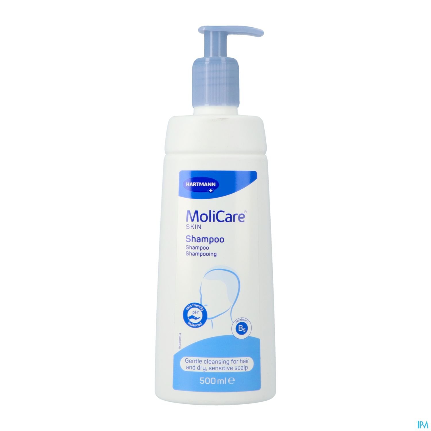 Flasche mit MoliCare Skin Shampoo, 500 ml, zur sanften Reinigung von Haar und empfindlicher Kopfhaut.