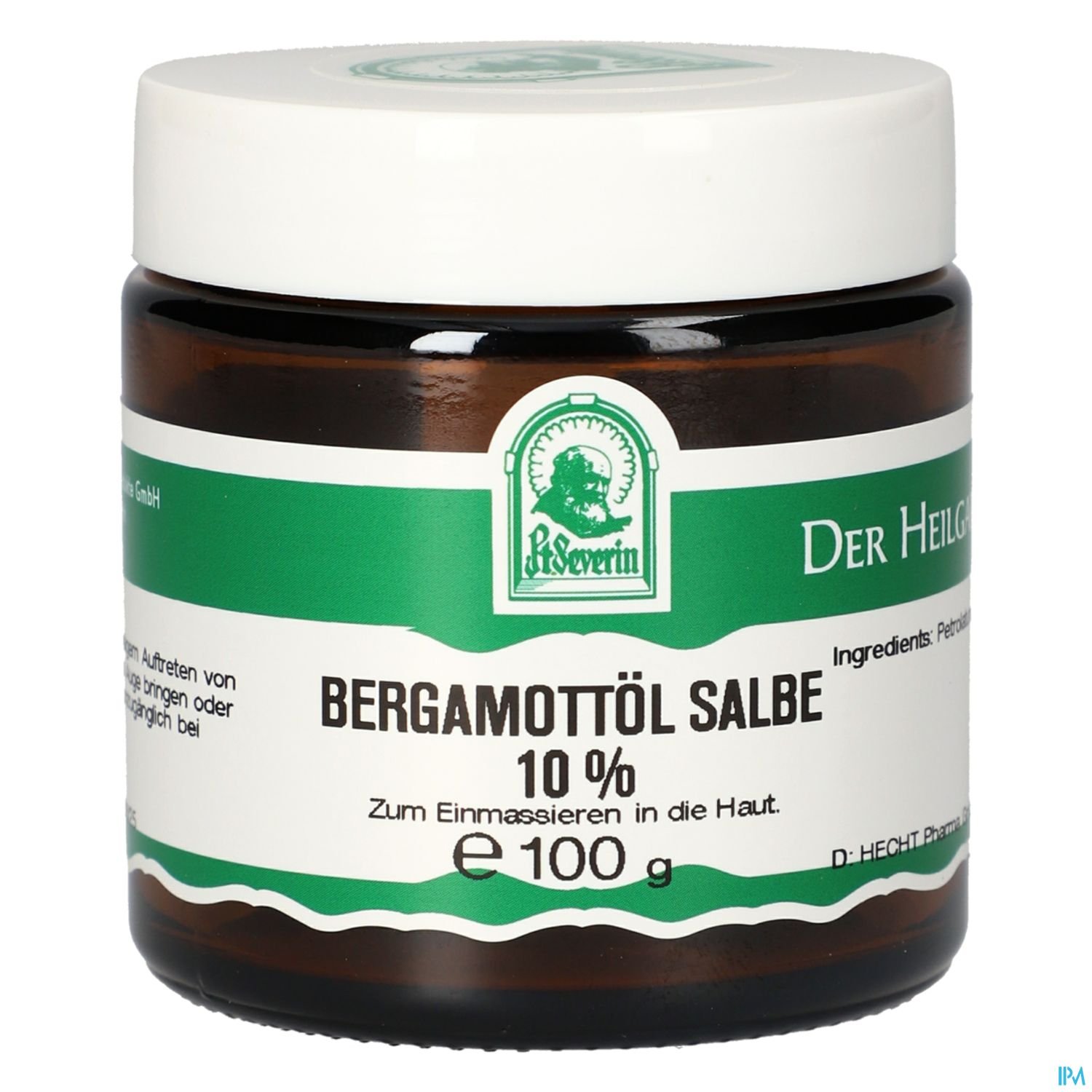 Braune Glasbehälter mit Bergamottöl Salbe 10 %, zur Anwendung auf der Haut.