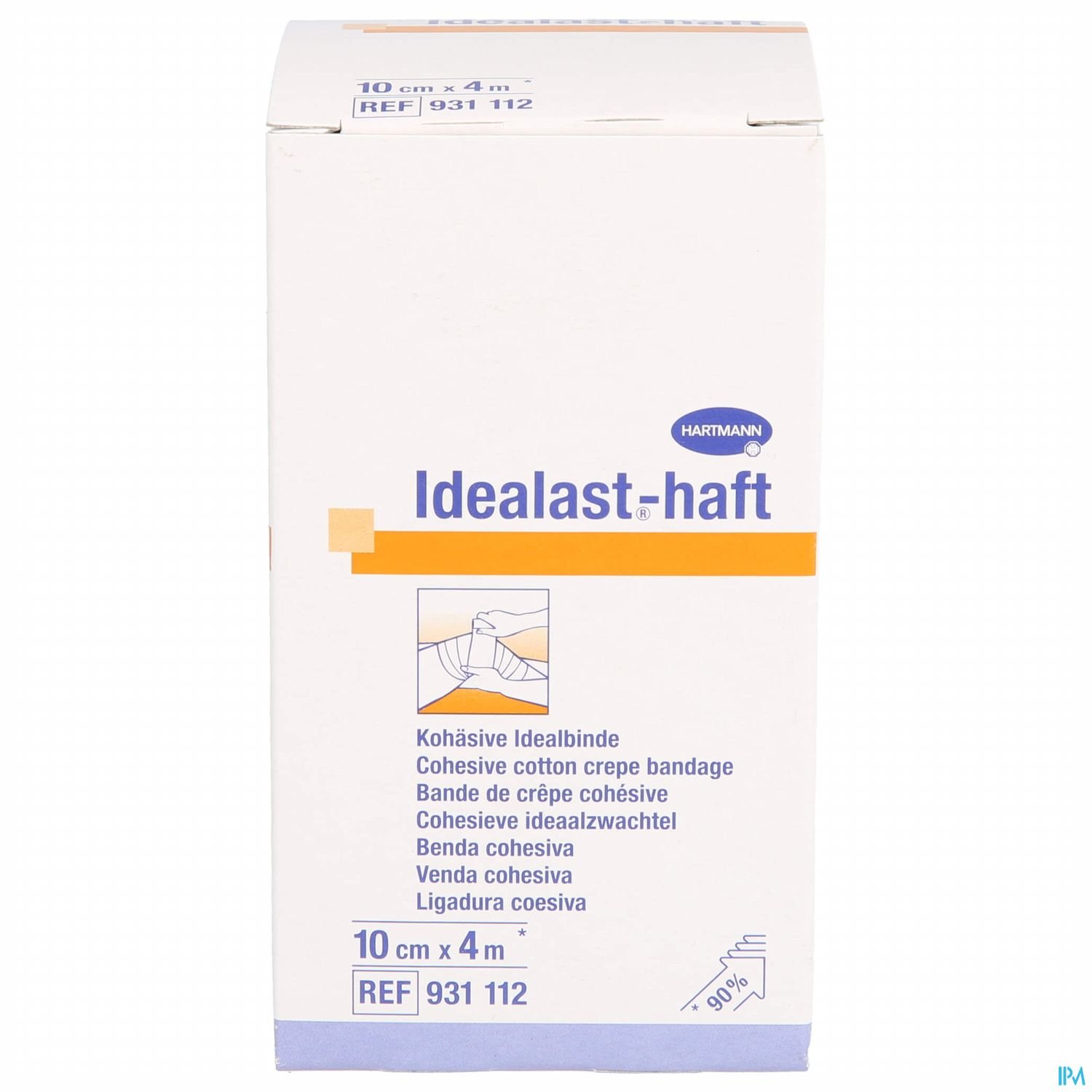 Packung einer kohäsiven Idealbinde namens "Idealast-haft" mit den Maßen 10 cm x 4 m.