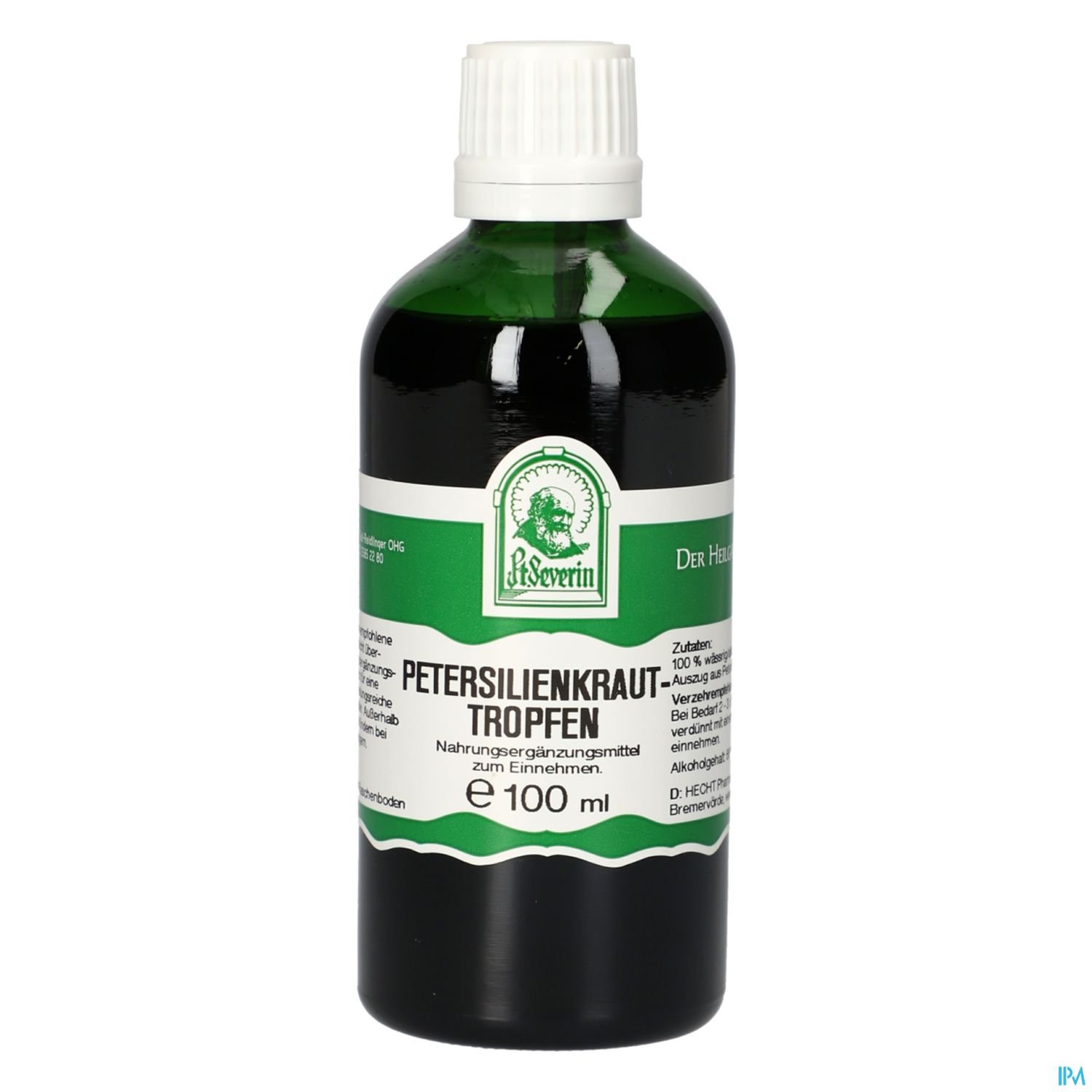 Grüne Flasche mit Etikett, beschriftet mit "Petersilienkraut Tropfen" und Inhaltsangabe.
