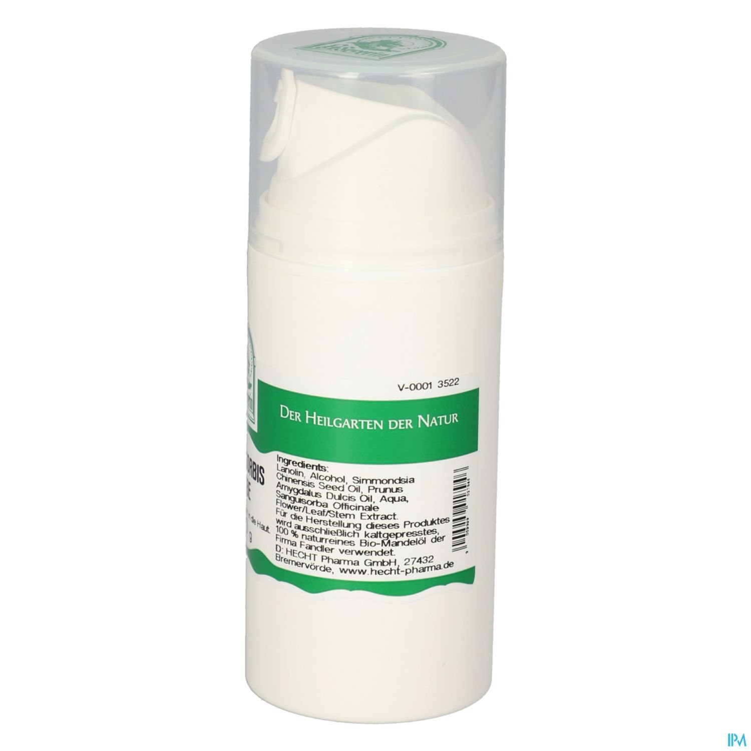 Eine weiße Flasche mit Spenderkopf, beschriftet mit "Der Heilgarten der Natur" und Inhaltsstoffen auf der Rückseite.