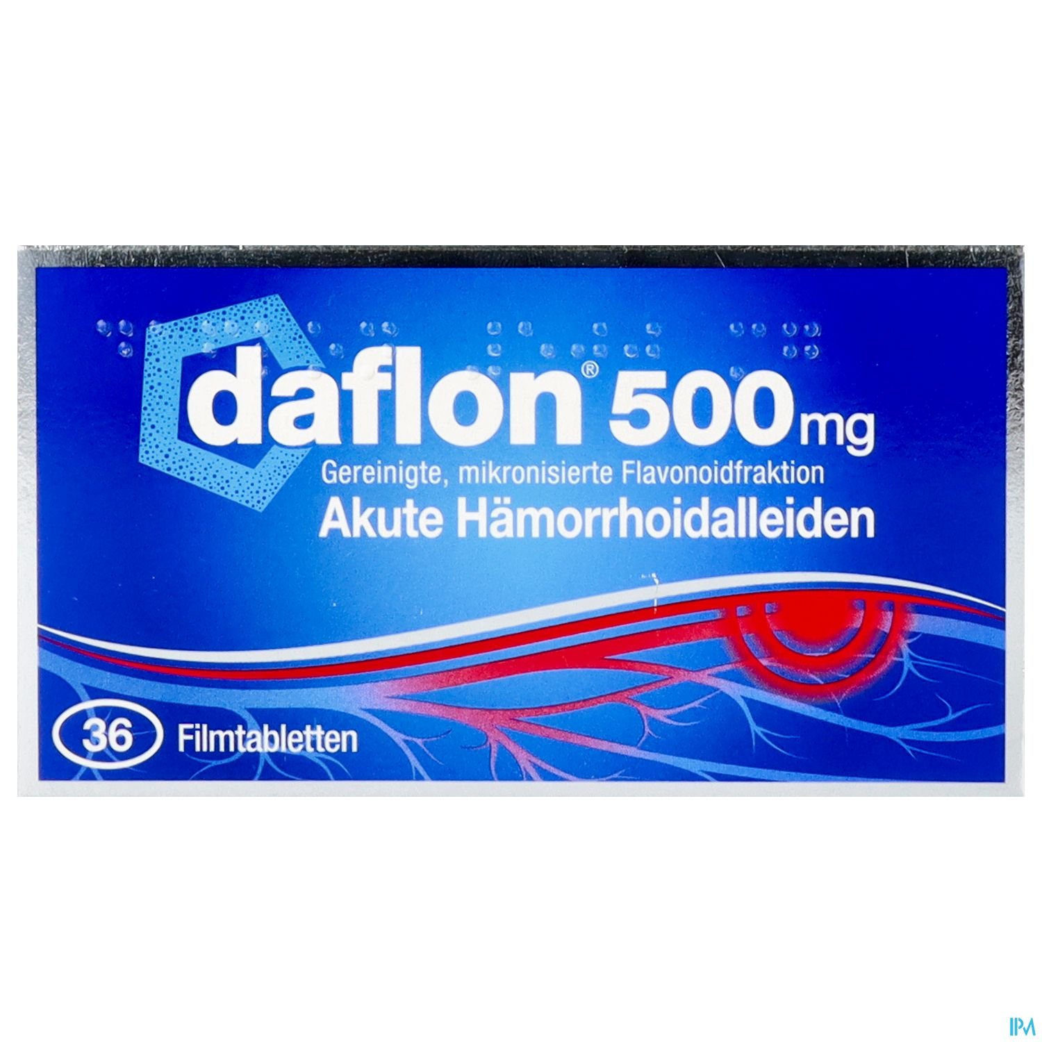 Packung von Daflon 500 mg, 36 Filmtabletten, zur Behandlung akuter Hämorrhoidenleiden.