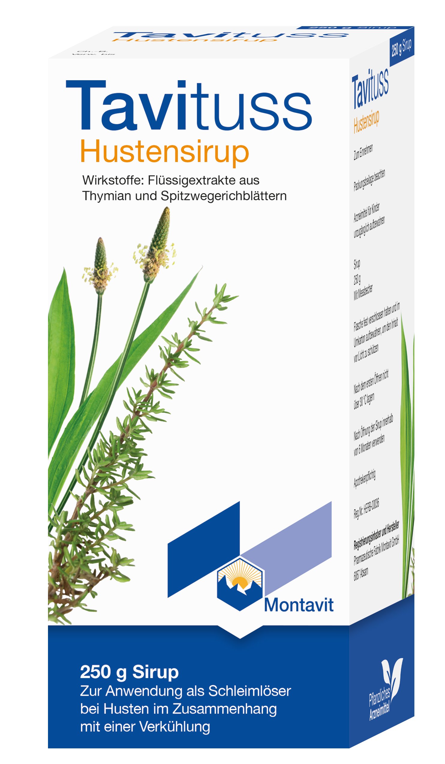 Verpackung des Tavitus Hustensirups mit Pflanzenabbildungen und Produktinformationen.