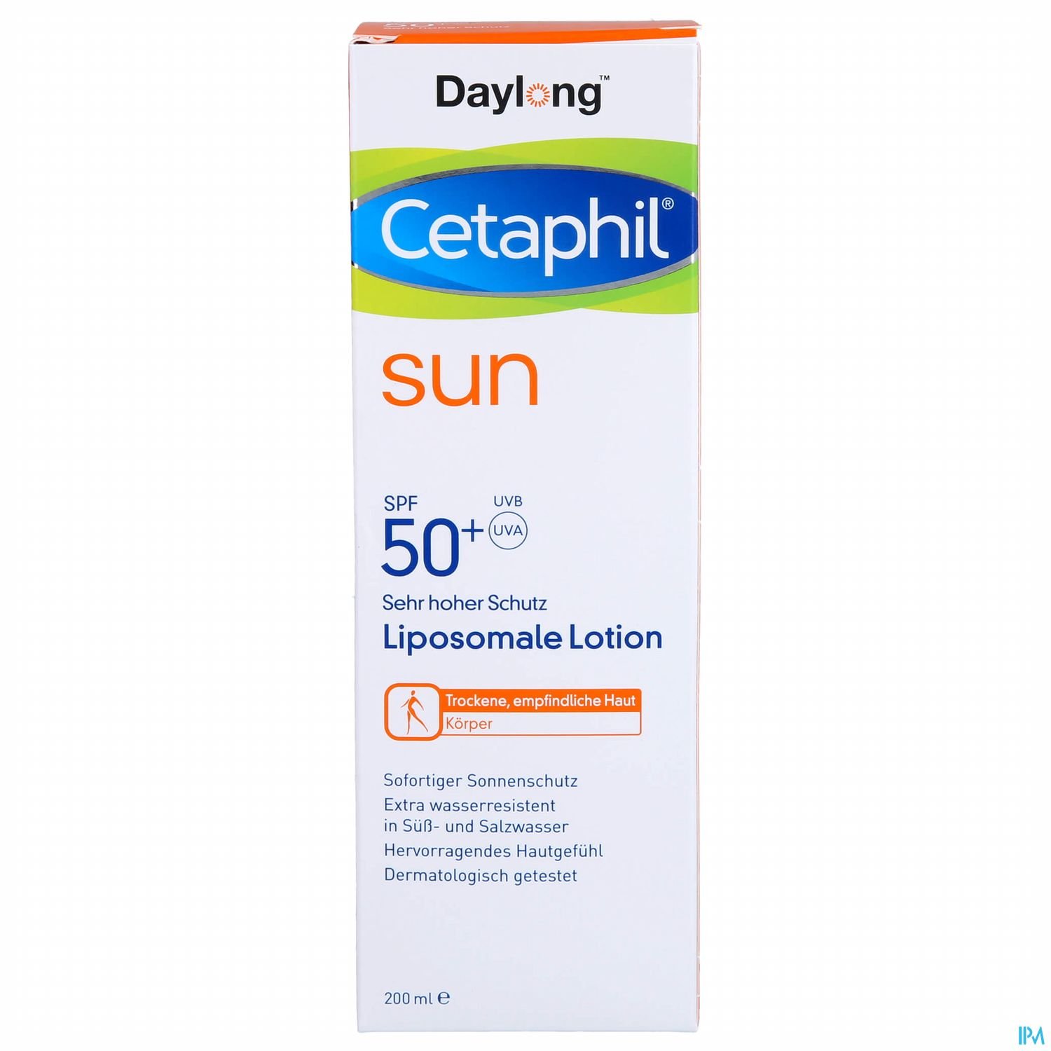 Verpackung einer Cetaphil Sonnenlotion mit SPF 50+, die sehr hohen Schutz bietet und für trockene, empfindliche Haut geeignet ist.