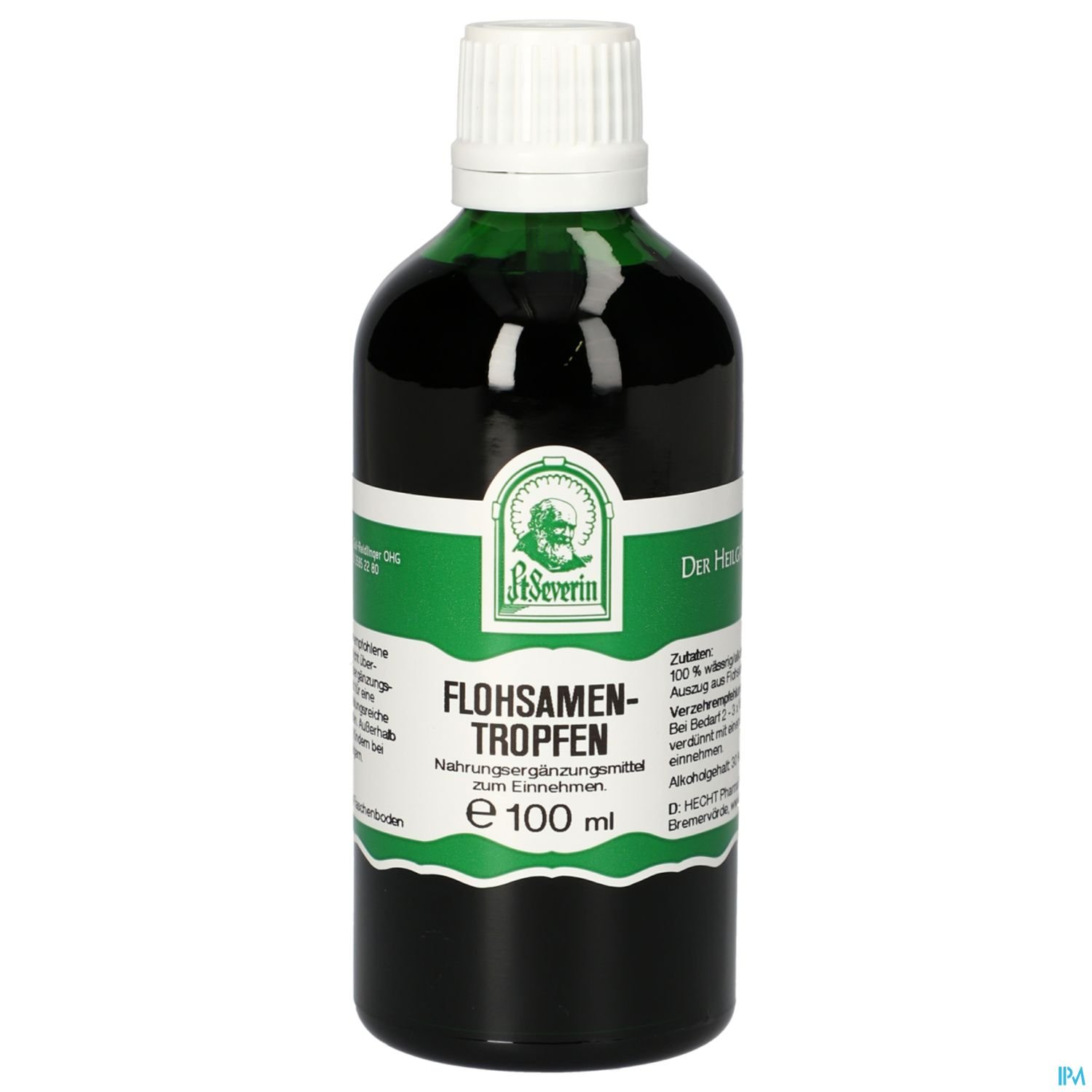 Flosamentropfen in grüner Glasflasche mit weißem Verschluss, 100 ml.
