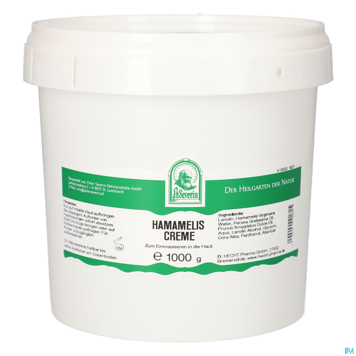 Weißer Eimer mit grünem Etikett, beschriftet mit "Hamamelis Creme" und Inhaltsstoffen.