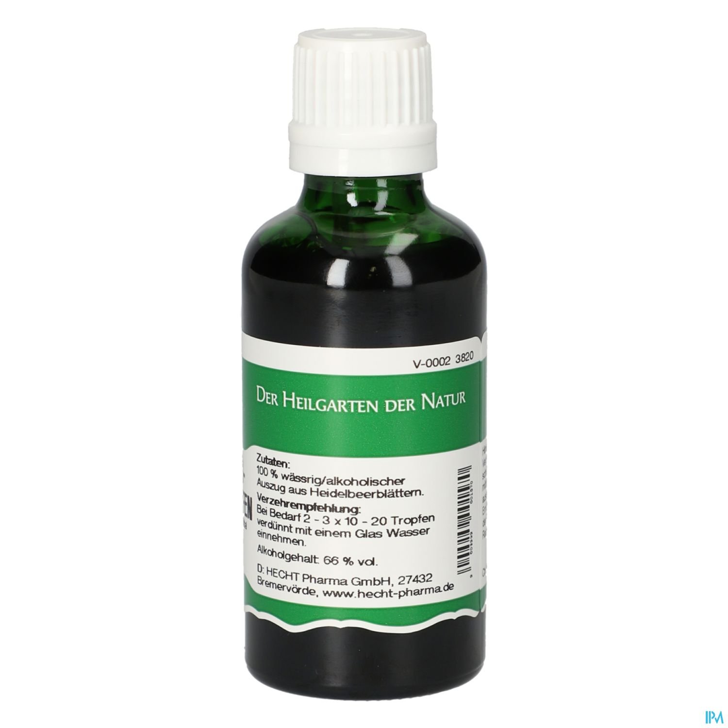 Grüne Flasche mit einem Etikett, das "Der Heilgarten der Natur" und Inhaltsstoffe wie "100 % wässriger/alkoholischer Auszug aus Heilkräutern" anzeigt.