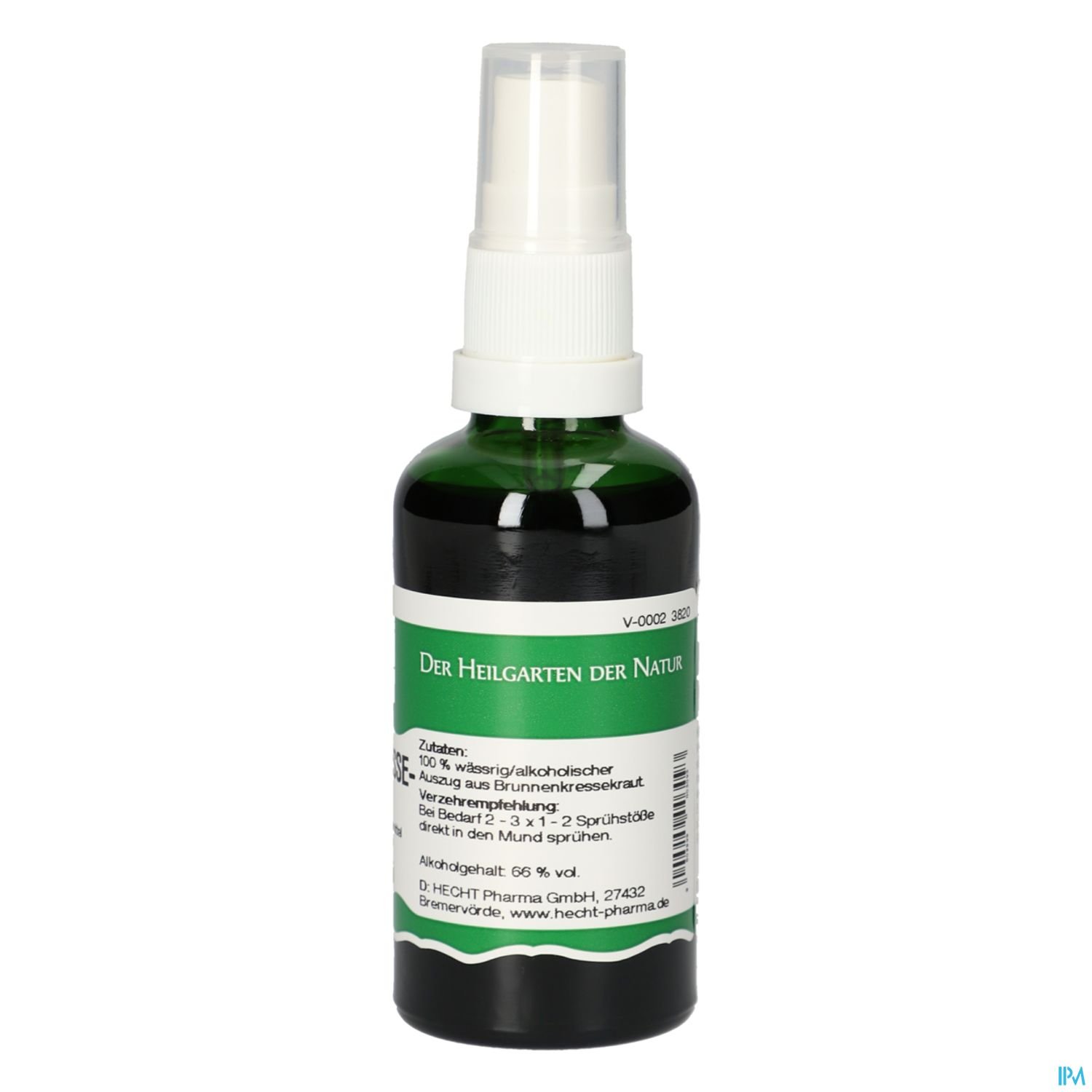 Flasche mit grünem Inhalt und Sprühkopf, beschriftet mit "Der Heilgarten der Natur" und Anwendungshinweisen.