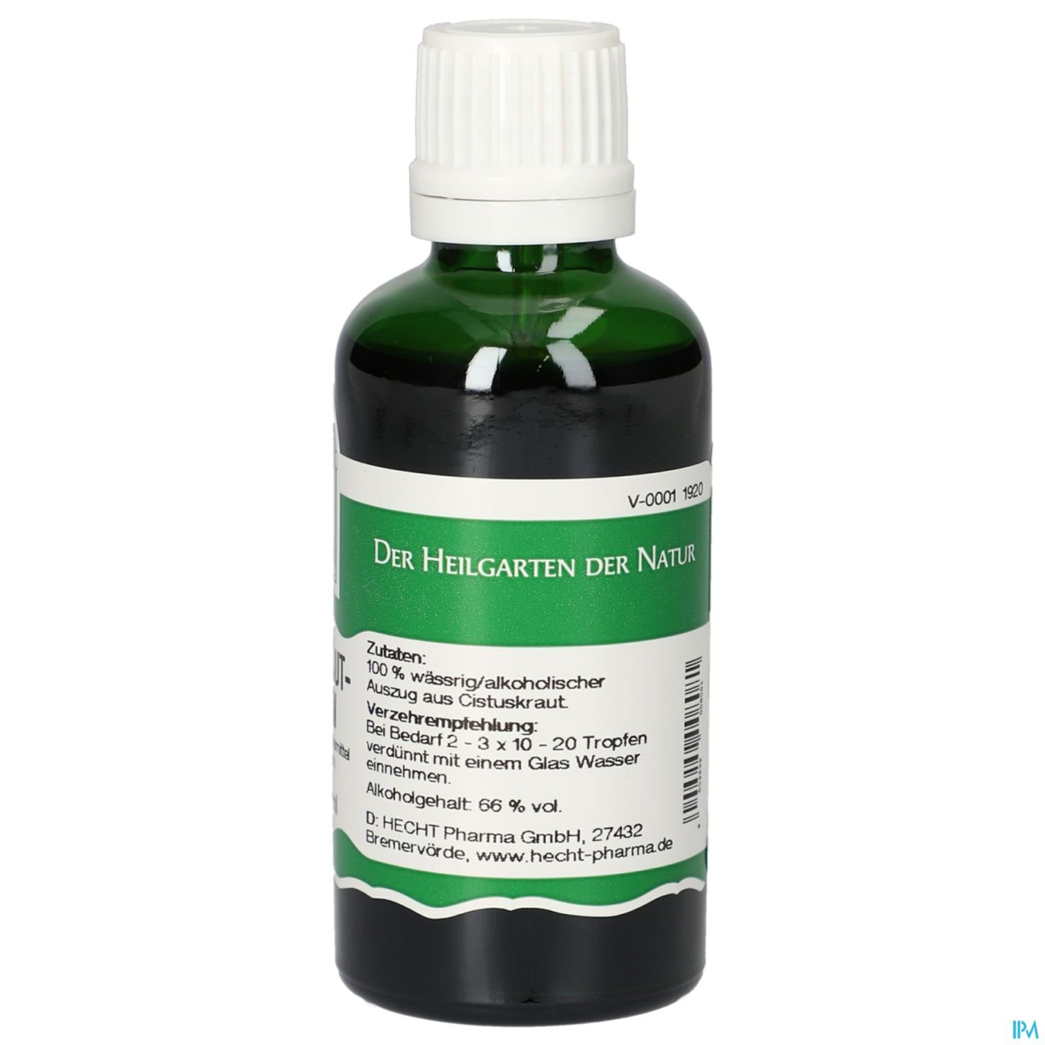 Flasche mit Alkohol-Tropfen, beschriftet "Der Heilgarten der Natur", mit Zutatenliste und Anwendungshinweisen auf grün-weißer Etikettierung.