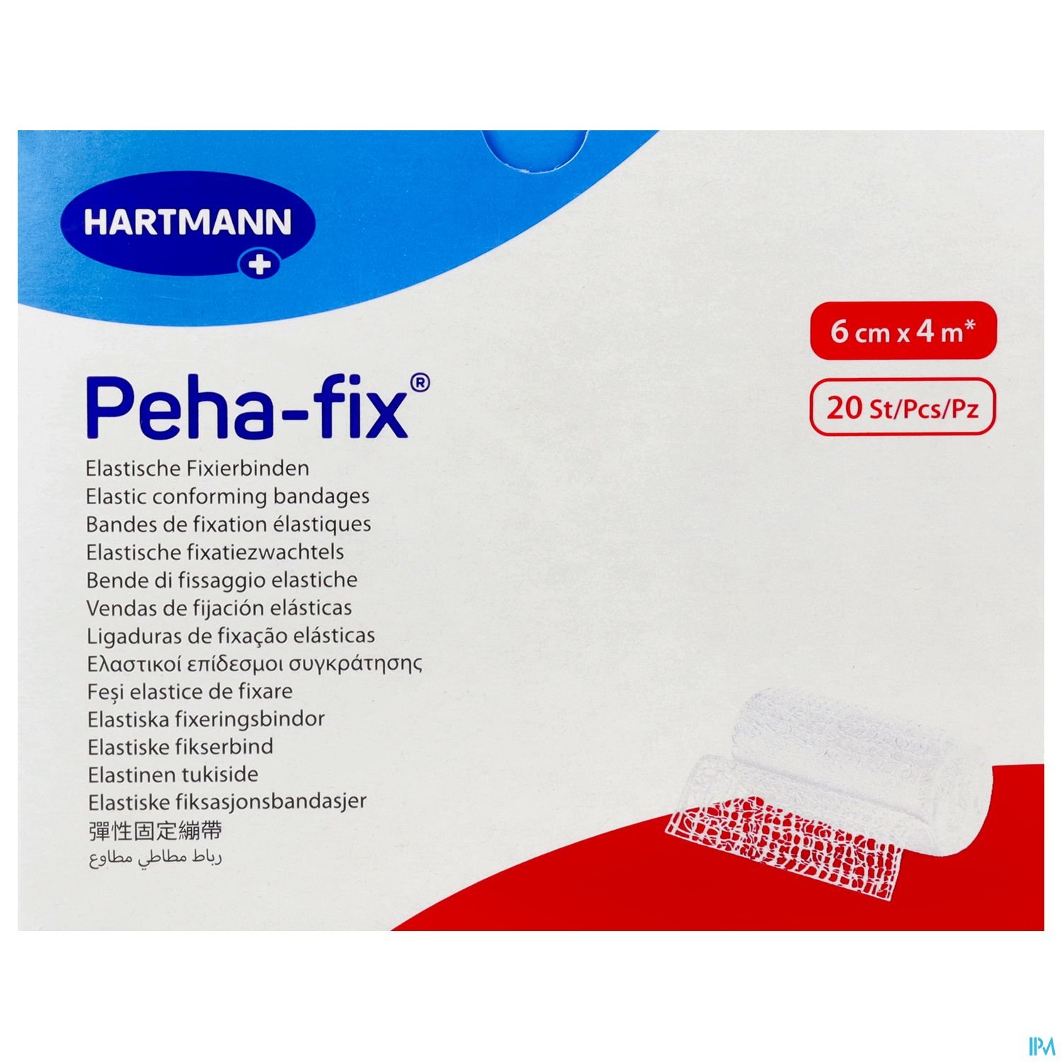 Verpackung der elastischen Fixierbinden Peha-fix von Hartmann, Maße 6 cm x 4 m, enthält 20 Stück.