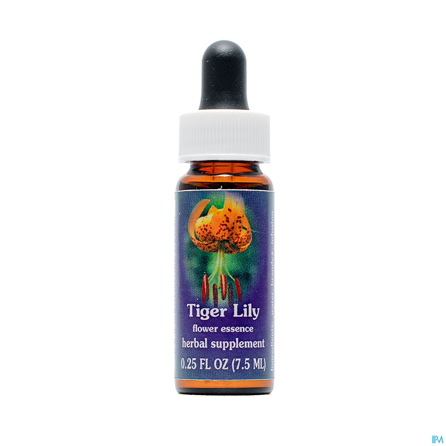 Braunglasflasche mit Pipette, die Tiger Lily Blütenessenz enthält, 7,5 ml.