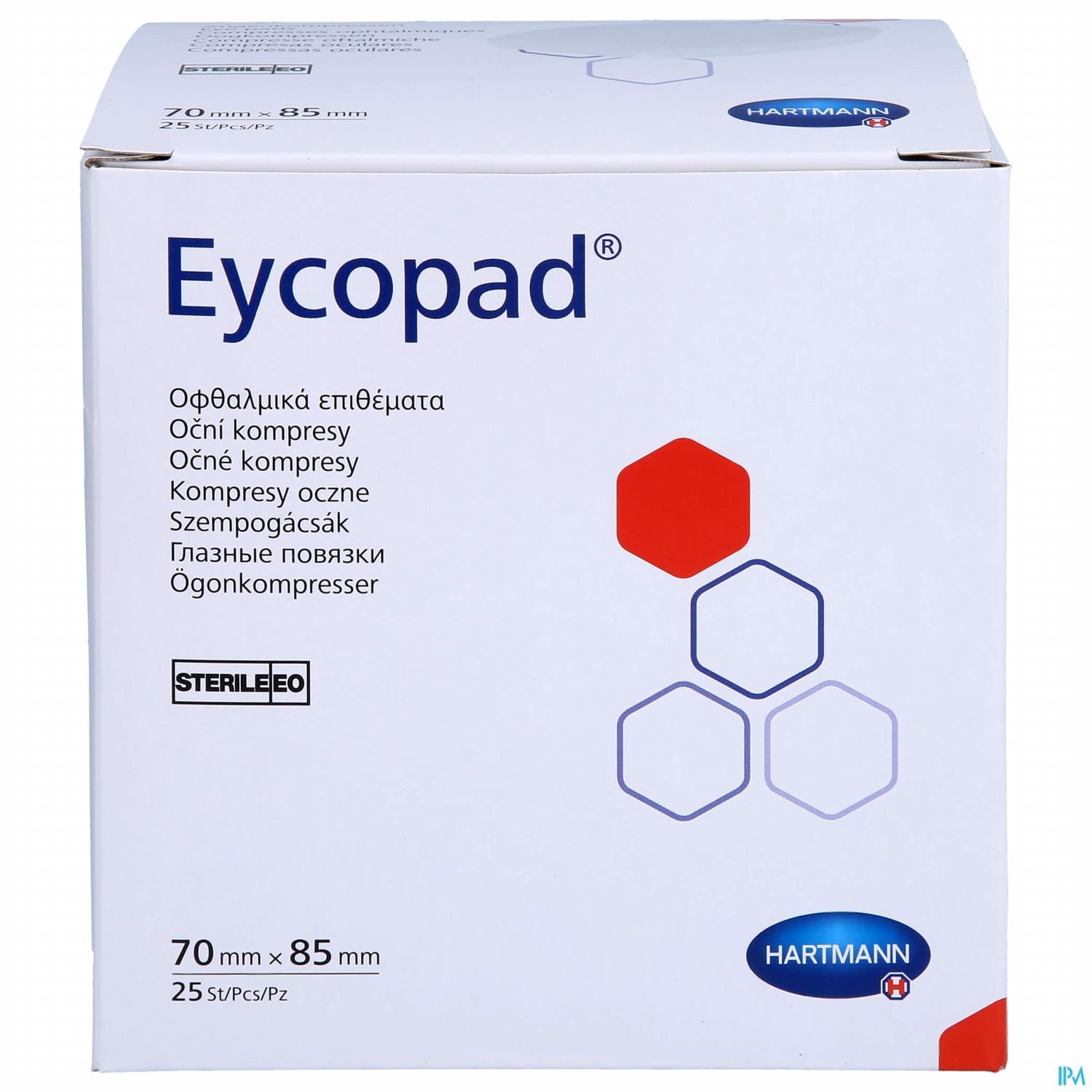 Weißer Karton mit blauer Schrift, auf dem "Eyecopad" steht, und Hinweisen in mehreren Sprachen sowie den Abmessungen "70 mm x 85 mm".