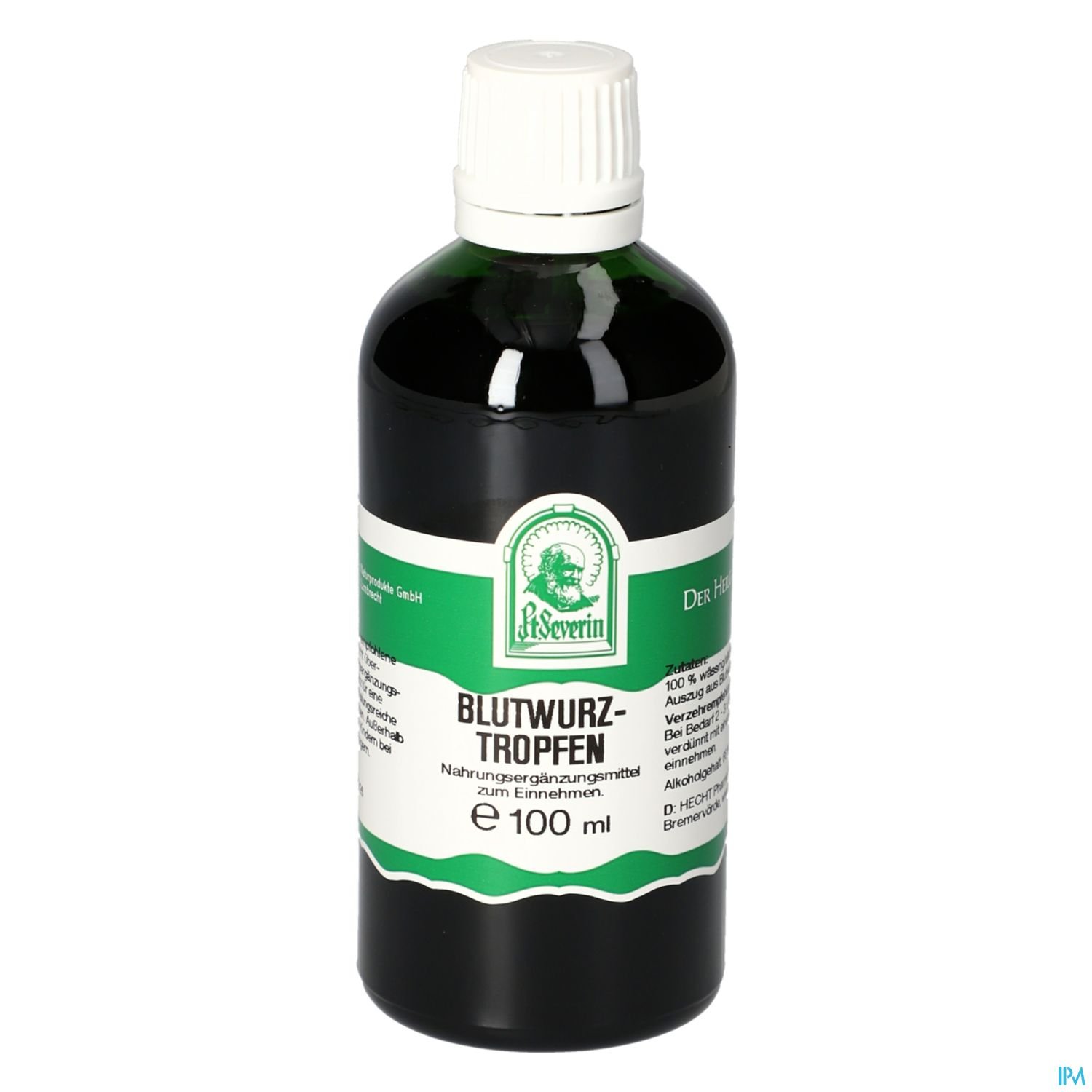 Flasche mit Blutwurz-Tropfen, 100 ml, Etikett in Schwarz-Weiß mit grünen und weißen Akzenten.