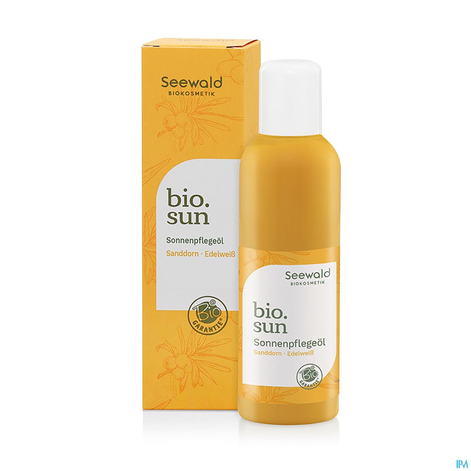 Flasche mit Sonnenpflegeöl "bio.sun" von Seewald, umgeben von einer gelben Verpackung mit der Aufschrift "Sonnenpflegeöl Sanddorn - Edelweiß".