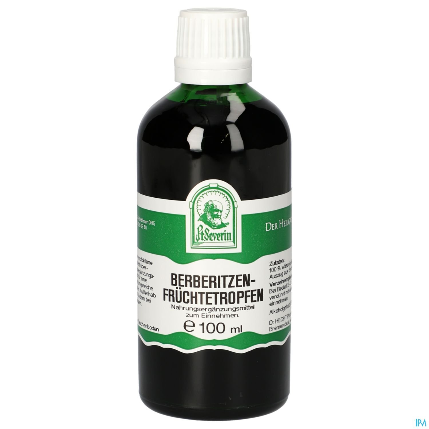 Flasche mit Berberitzen-Früchtetropfen, 100 ml, auf grün-weißer Etikettierung, Hersteller: R. St severin.
