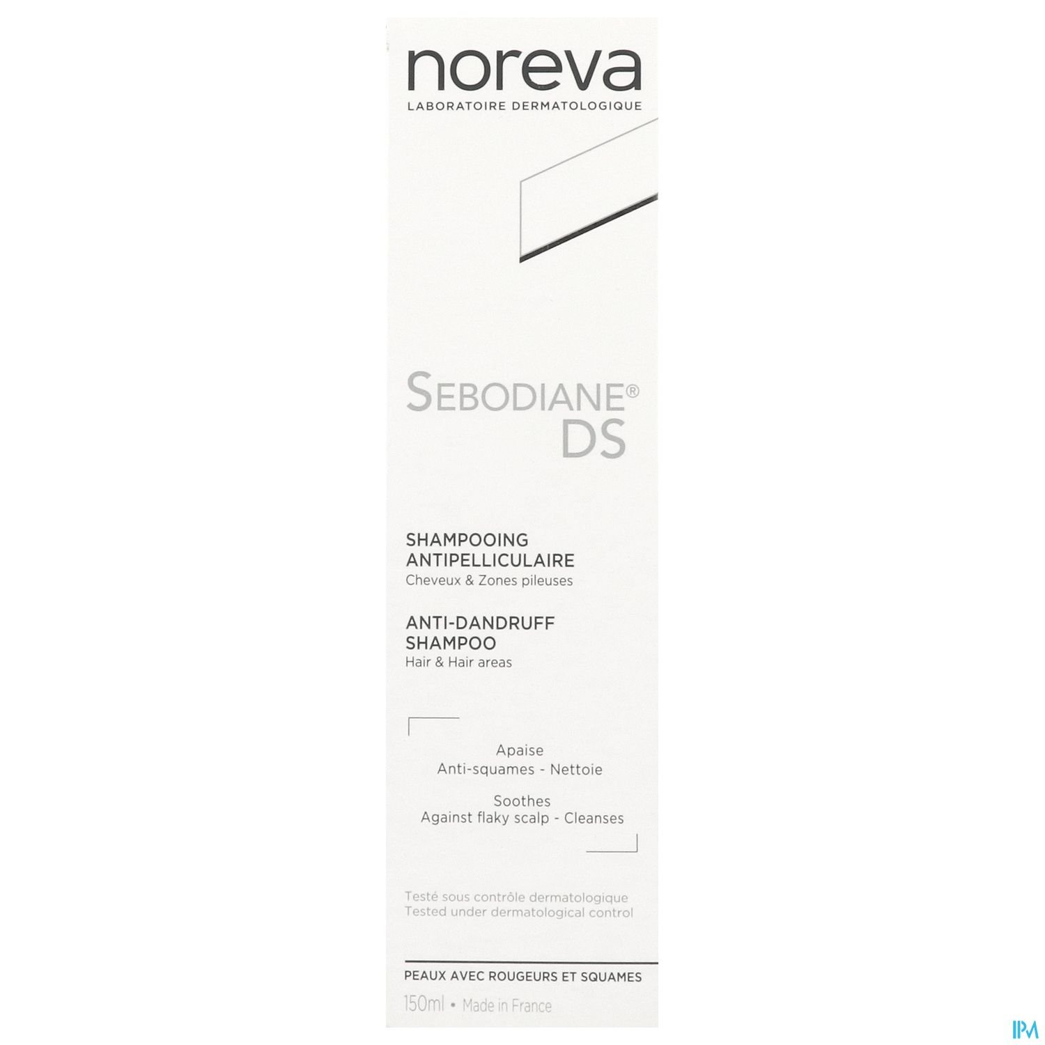 Produktverpackung von Noreva Sebodiane DS Anti-Schuppen Shampoo, 150 ml, mit Beschreibung und Anwendungshinweisen.