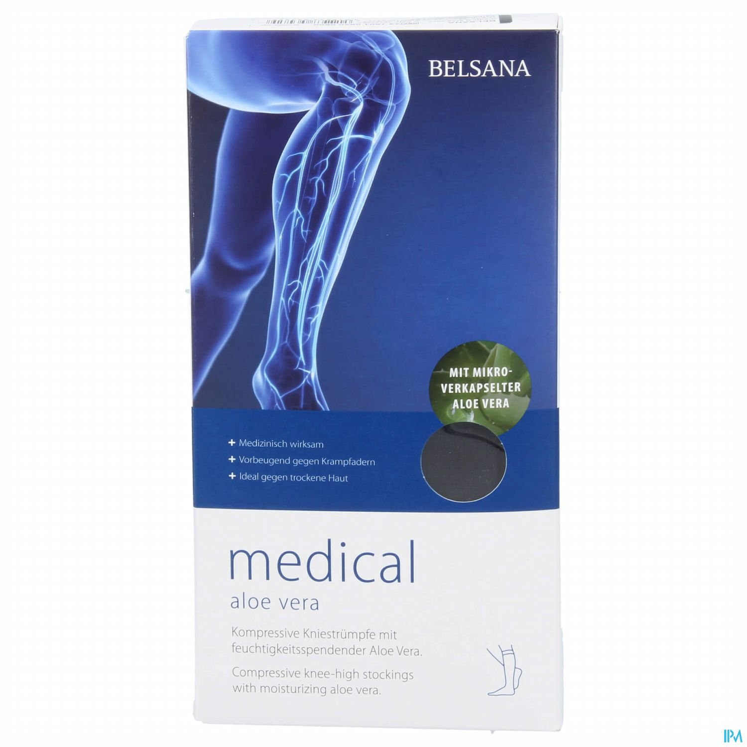 Verpackung von Belsana Medical Aloe Vera mit kompressiven Kniestrümpfen und Hinweisen zur medizinischen Wirkung.