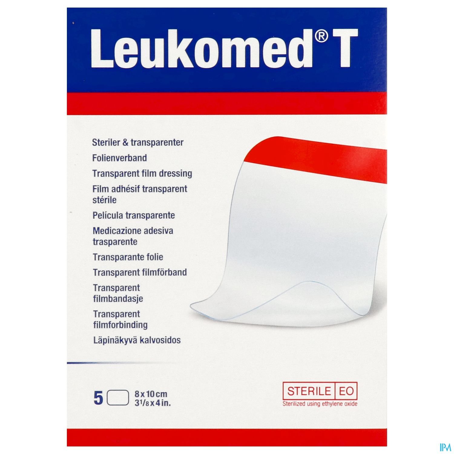 Packungsdesign von Leukomed T, einem sterilen, transparenten Folienverband, mit Produktinformationen und einer Abbildung des Verbands.