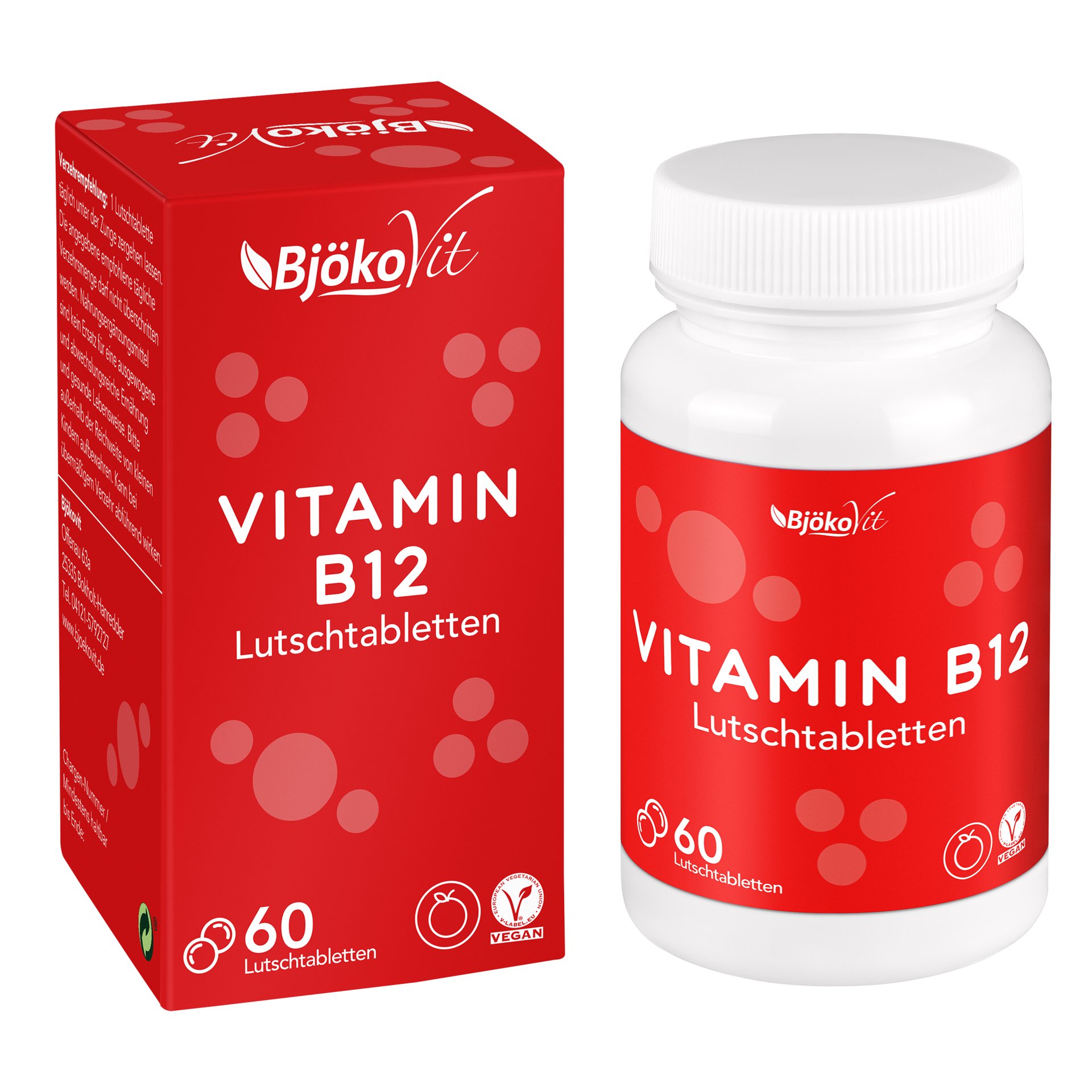 Rote Verpackung und Flasche mit Lutschtabletten für Vitamin B12, auf der Verpackung steht "Bjökö Vit Vitamin B12 Lutschtabletten, 60 Stück".
