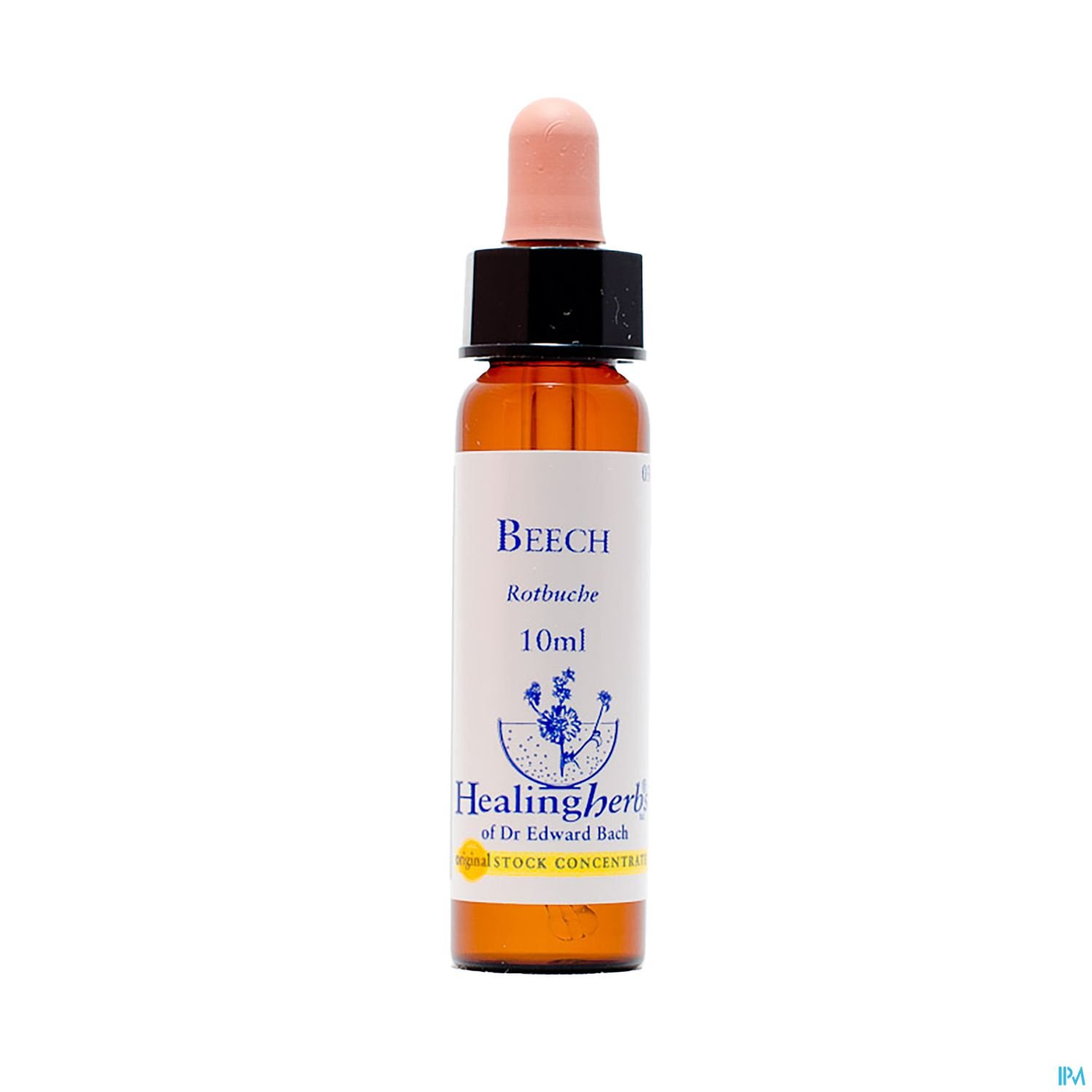 Braunglasflasche mit einem Pipettenverschluss, beschriftet mit "Beech", "Rotbuche" und "10ml", von Healing Herbs.
