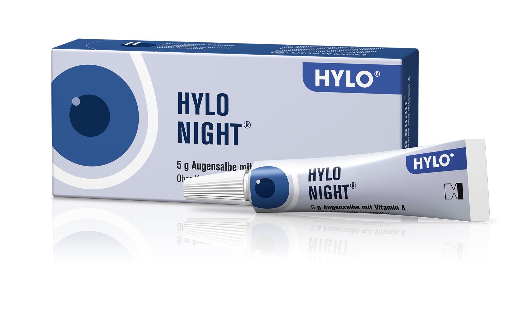 Verpackung und Tube von HYLO NIGHT Augensalbe mit Hinweis auf Vitamin A.
