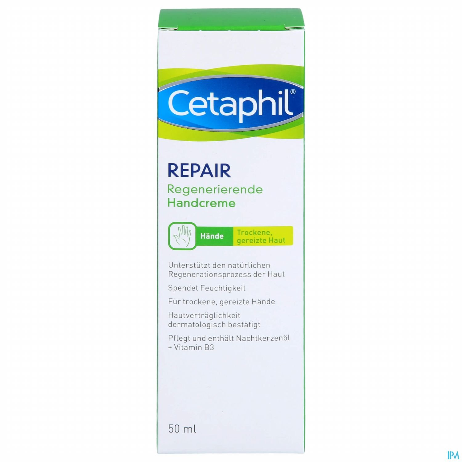 Verpackung der Cetaphil Repair regenerierenden Handcreme, 50 ml, für trockene, gereizte Haut.