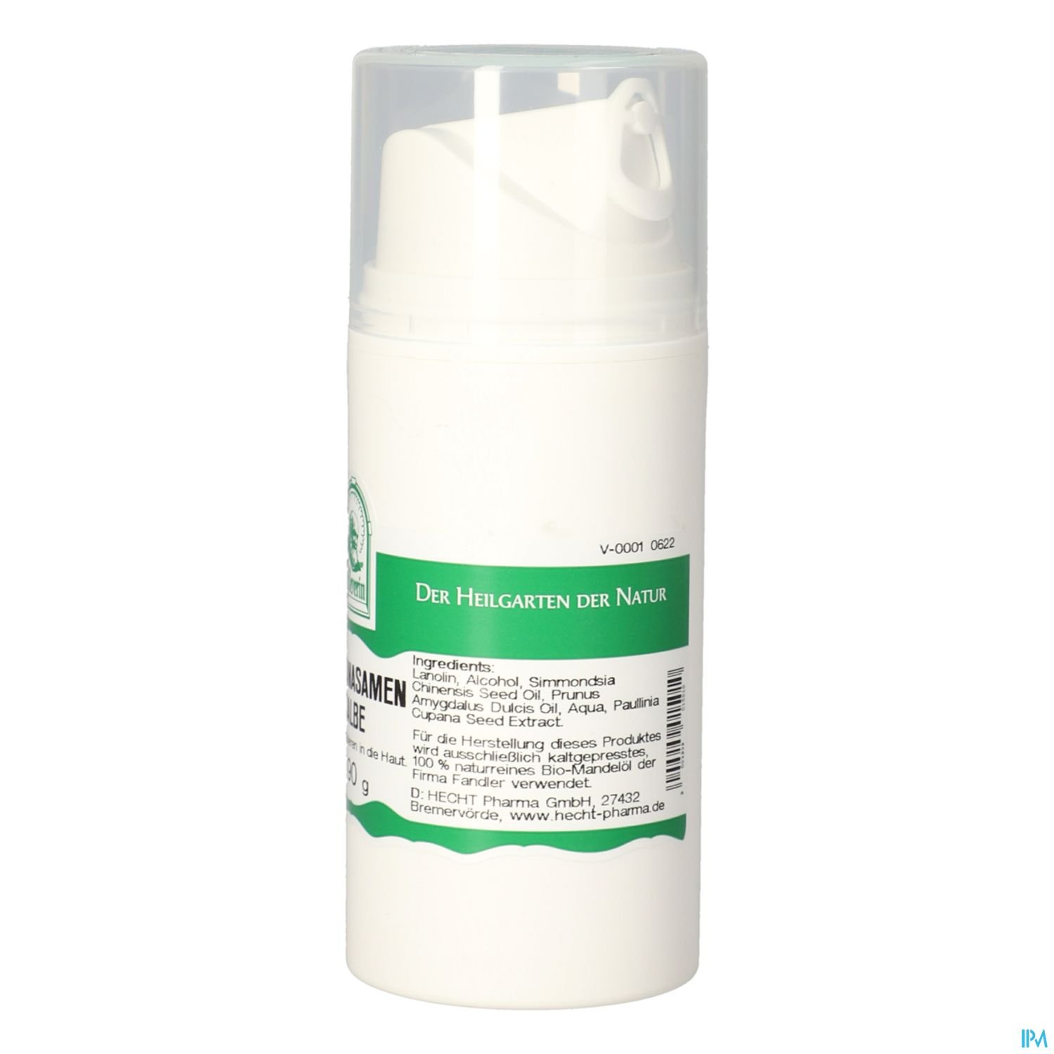 Flasche mit weißem Pumpverschluss und grüner Beschriftung, die "Der Helgarten der Natur" und Zutaten auflistet.