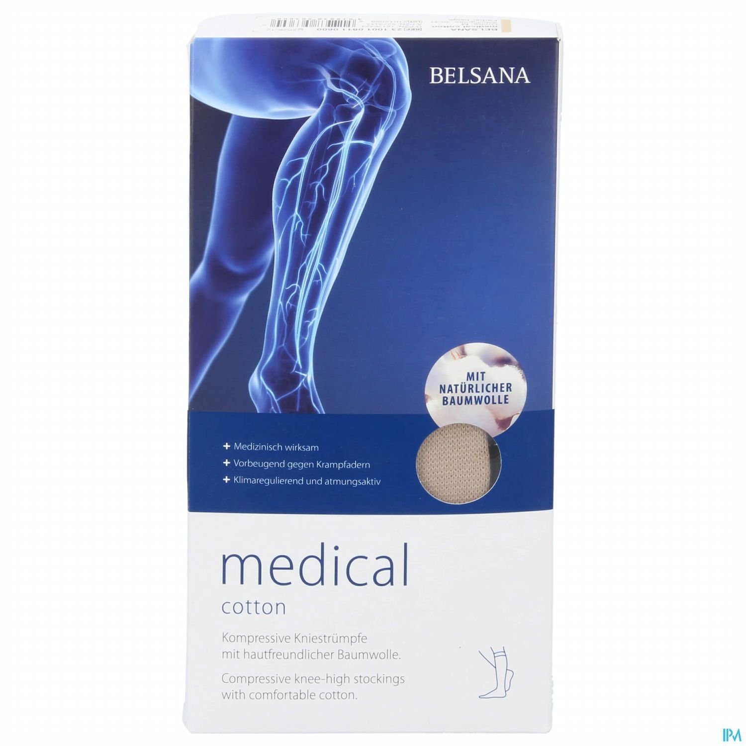 Verpackung von BELSANA Medical Cotton, die kompressive Kniestrümpfe aus hautfreundlicher Baumwolle zeigt.
