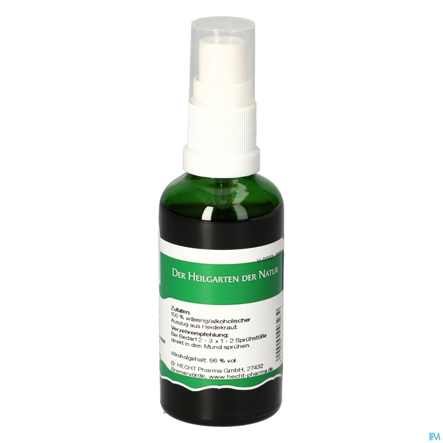 Sprühflasche mit grünem Inhalt und weißem Sprühkopf, beschriftet mit „Der Heiliggarten der Natur“ und Inhaltsstoffen auf einem Etikett.