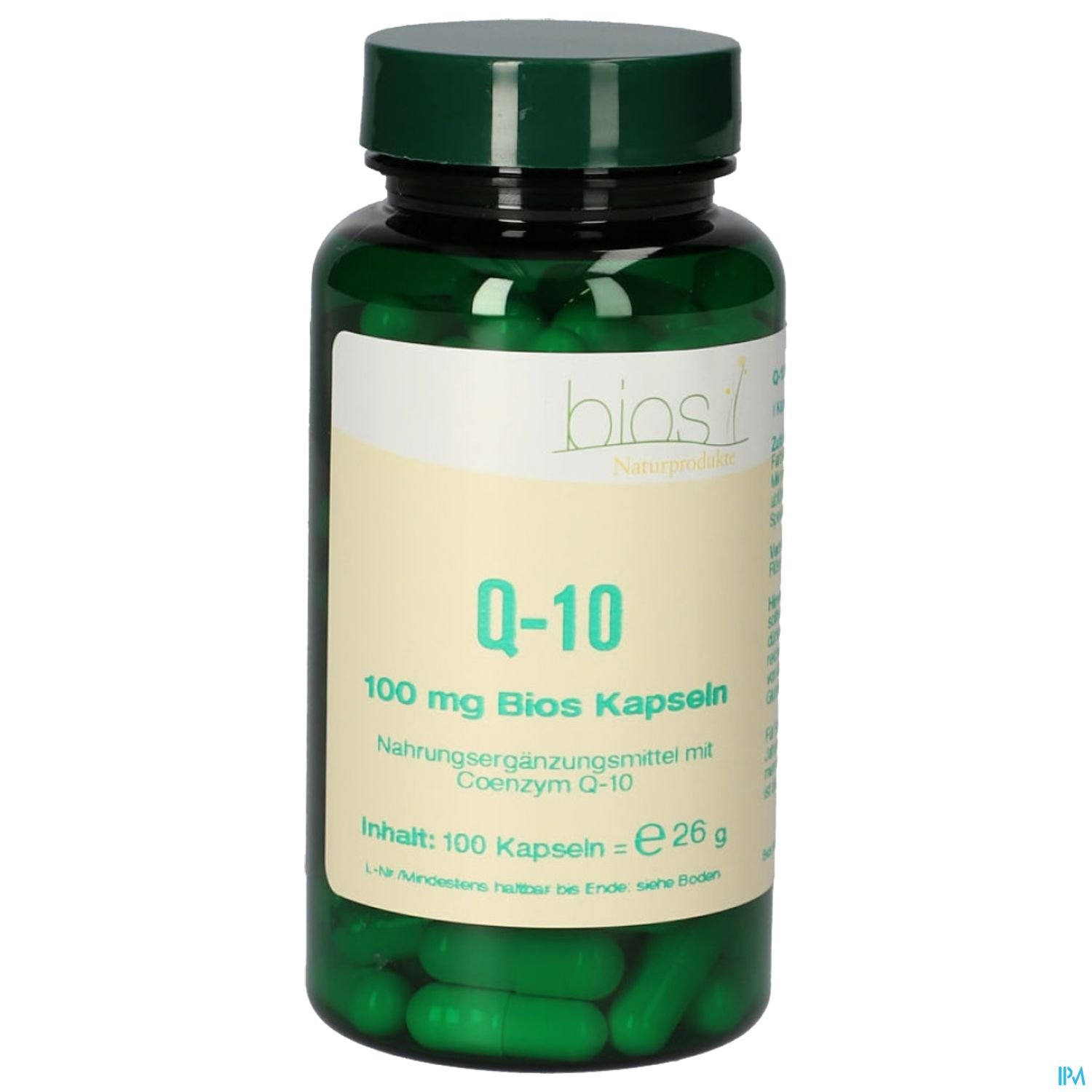 Grüne Kapseln in einer transparenten Flasche mit dem Etikett "biosi Q-10, 100 mg Bios Kapseln, Nahrungsergänzungsmittel mit Coenzym Q-10".