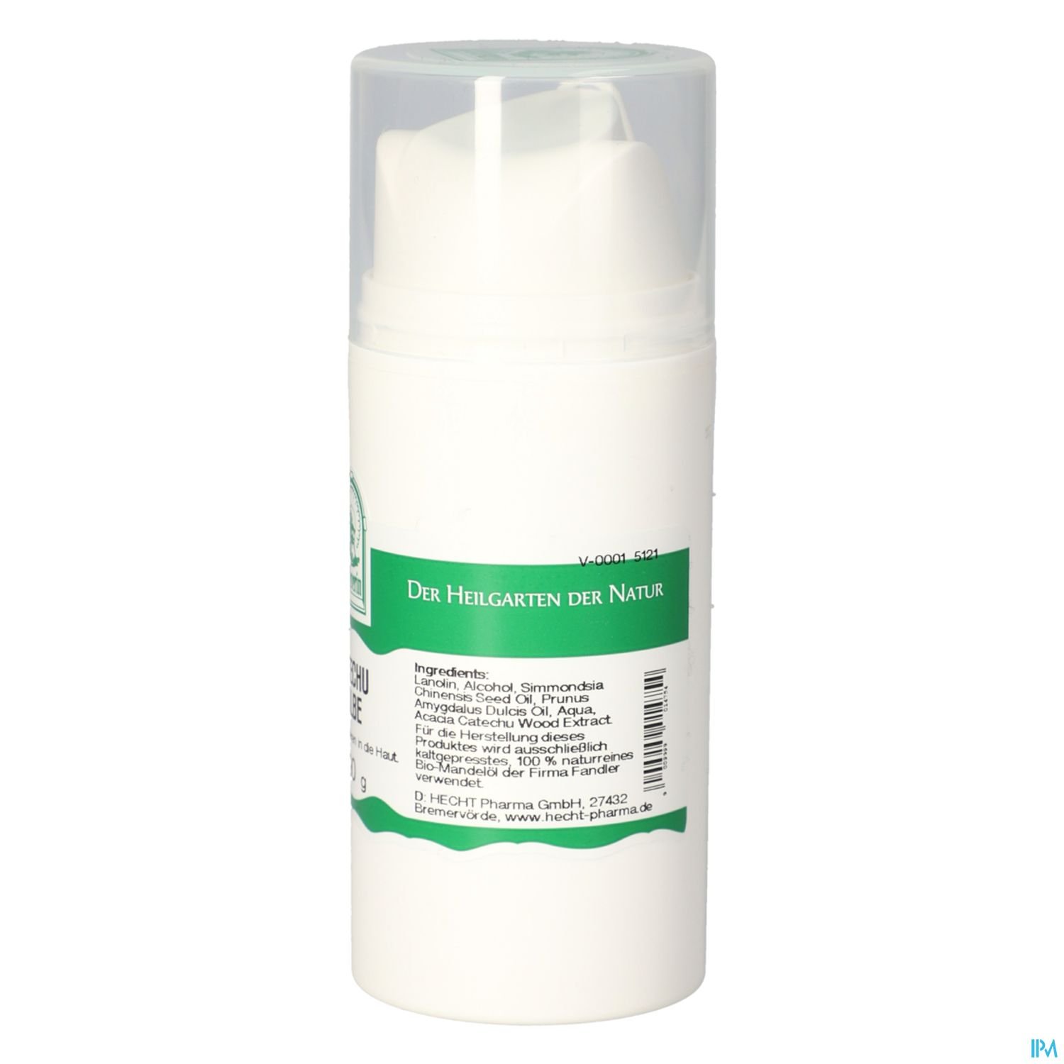 Weiße Flasche mit Schraubdeckel und grünem Etikett, auf dem die Aufschrift "Der Heilgarten der Natur" sowie die Inhaltsstoffe aufgelistet sind.