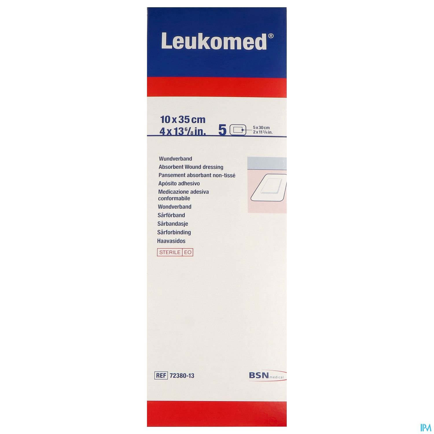 Packung mit Leukomed Wundverband, 10 x 35 cm, mit Beschreibung und Anwendungshinweisen.