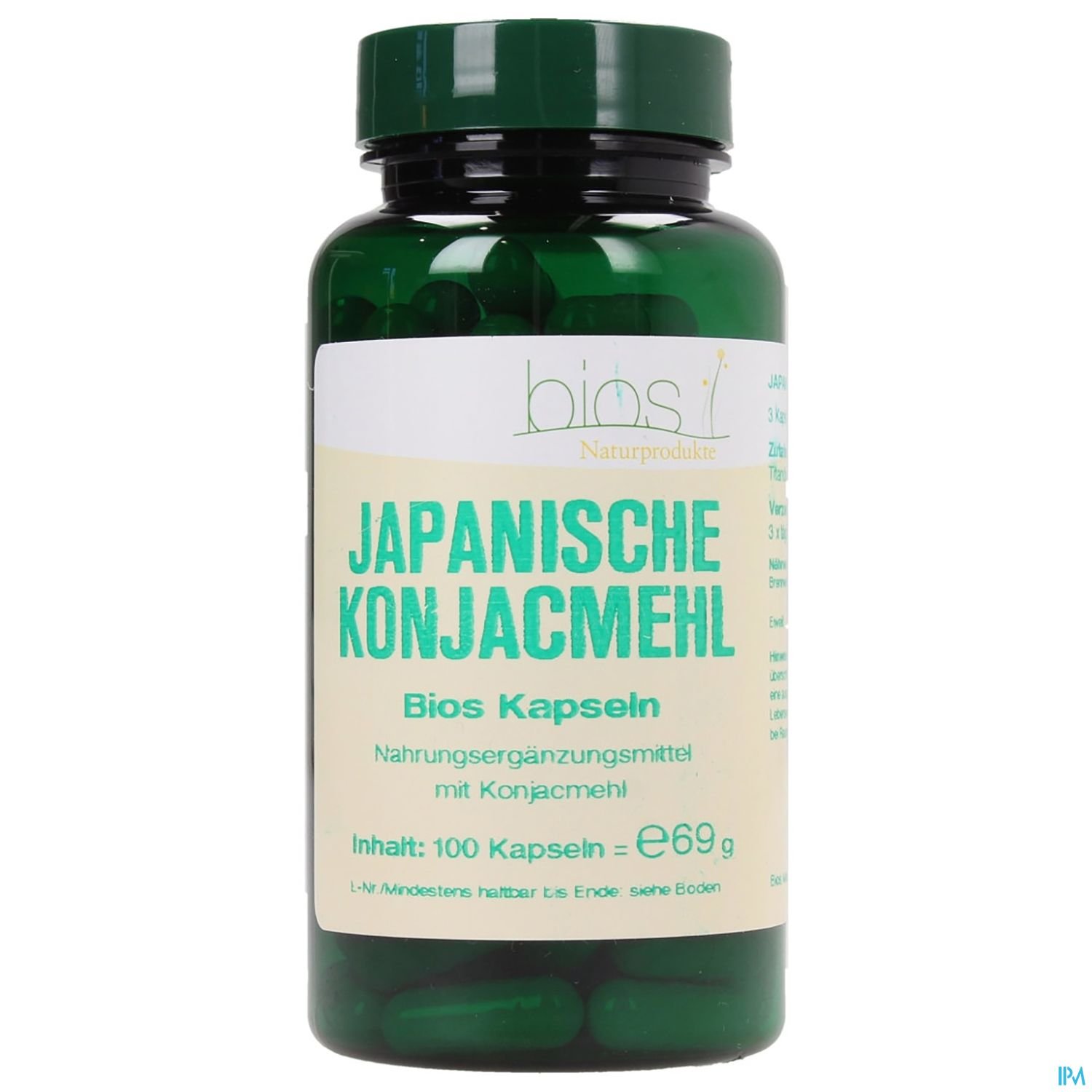 Grüne Kapsel-Phiole mit Aufschrift "Japanische Konjacmehl" und Inhaltshinweis.